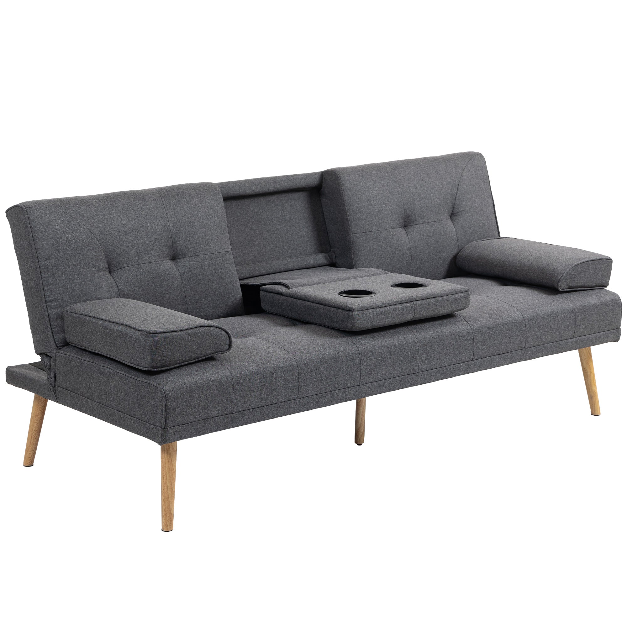 Canapé convertible 3 places canapé-lit design scandinave inclinaison dossier réglable 3 niveaux dossier centrale rabattable 2 porte-verres bois massif lin gris foncé