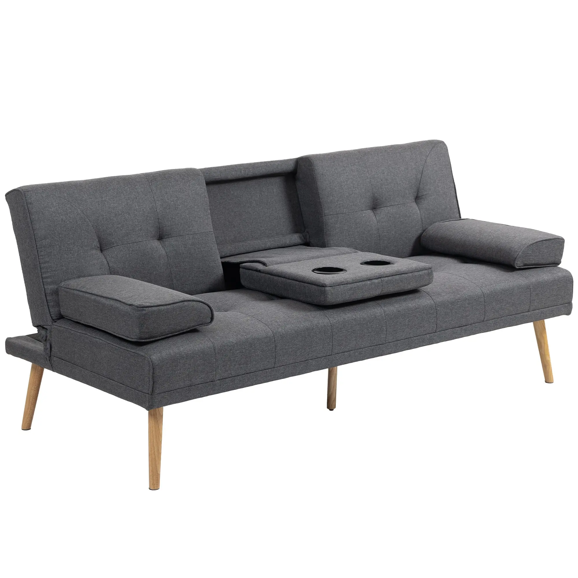 Canapé convertible 3 places canapé-lit design scandinave inclinaison dossier réglable 3 niveaux dossier centrale rabattable 2 porte-verres bois massif lin gris foncé