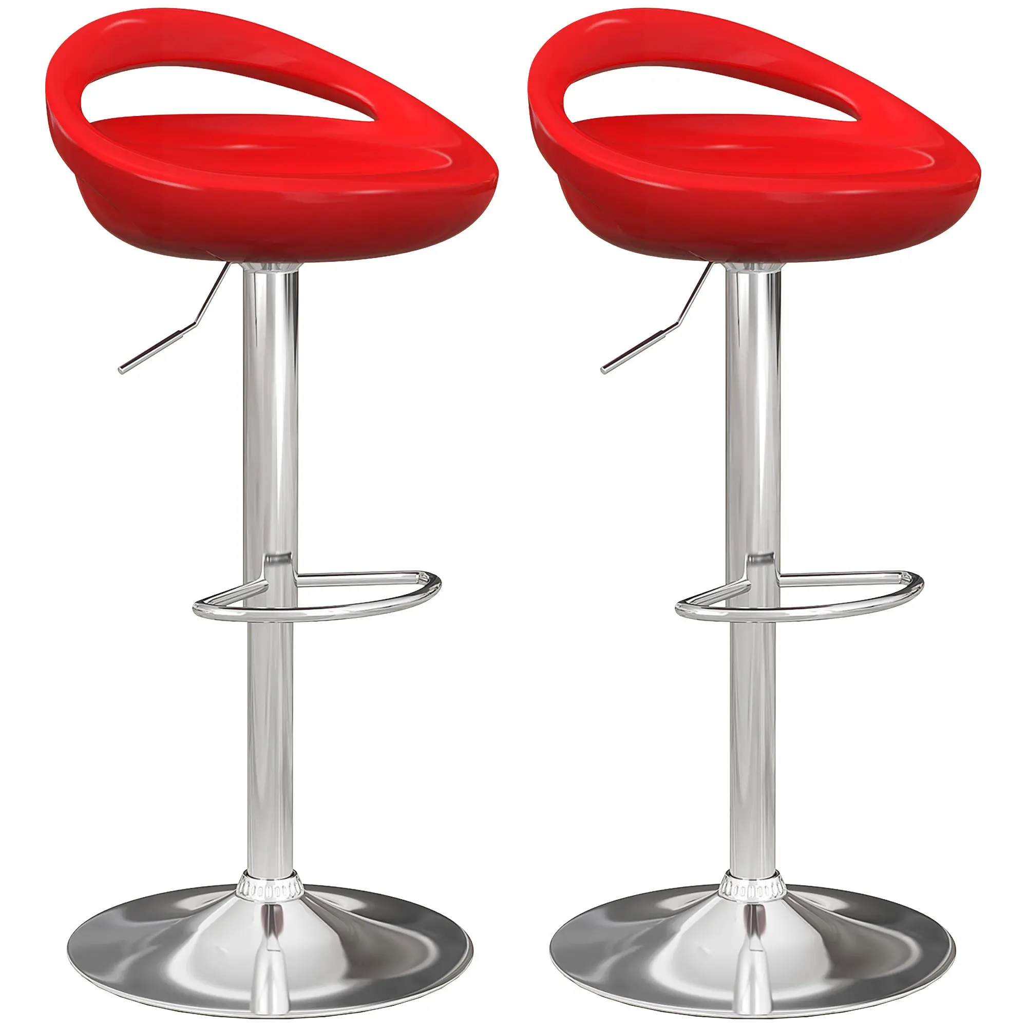 Lot de 2 tabourets de bar, chaises de bar réglable en hauteur, chaise haute cuisine avec dossier, repose-pieds, pivotant 360°, ABS et métal, pour salle à manger, comptoir, 46x41x76-96cm, rouge