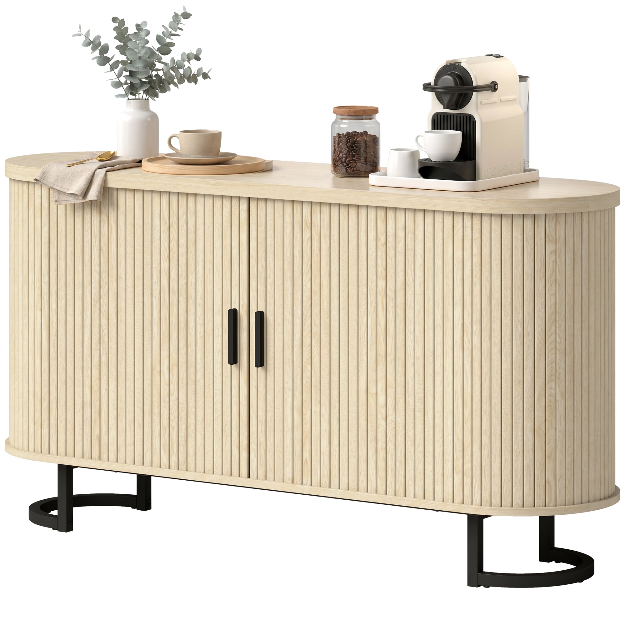 Buffet salon, meuble de rangement ovale avec 2 portes coulissantes et étagères réglables, meuble TV jusqu'à 60 pouces, style moderne, buffet salle à manger et cuisine, 140x40x75cm, bois naturel
