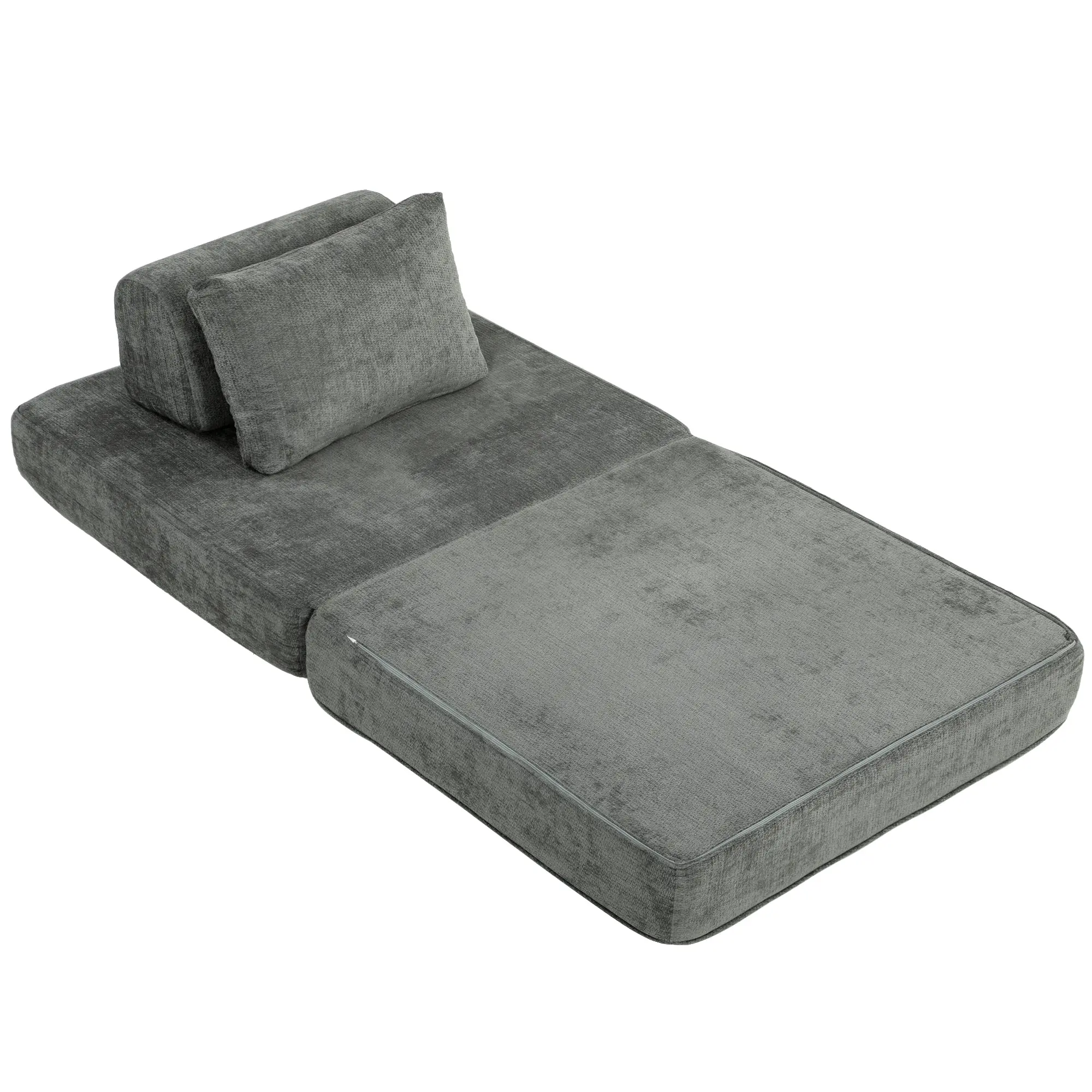 Canapé-Lit Pliant 2 en 1 Chauffeuse 1 Place Convertible en Chenille Matelas Pliable Coussin épais Dossier et Oreiller Entièrement Compressé Aucun Assemblage Requis pour Salon Chambre Gris