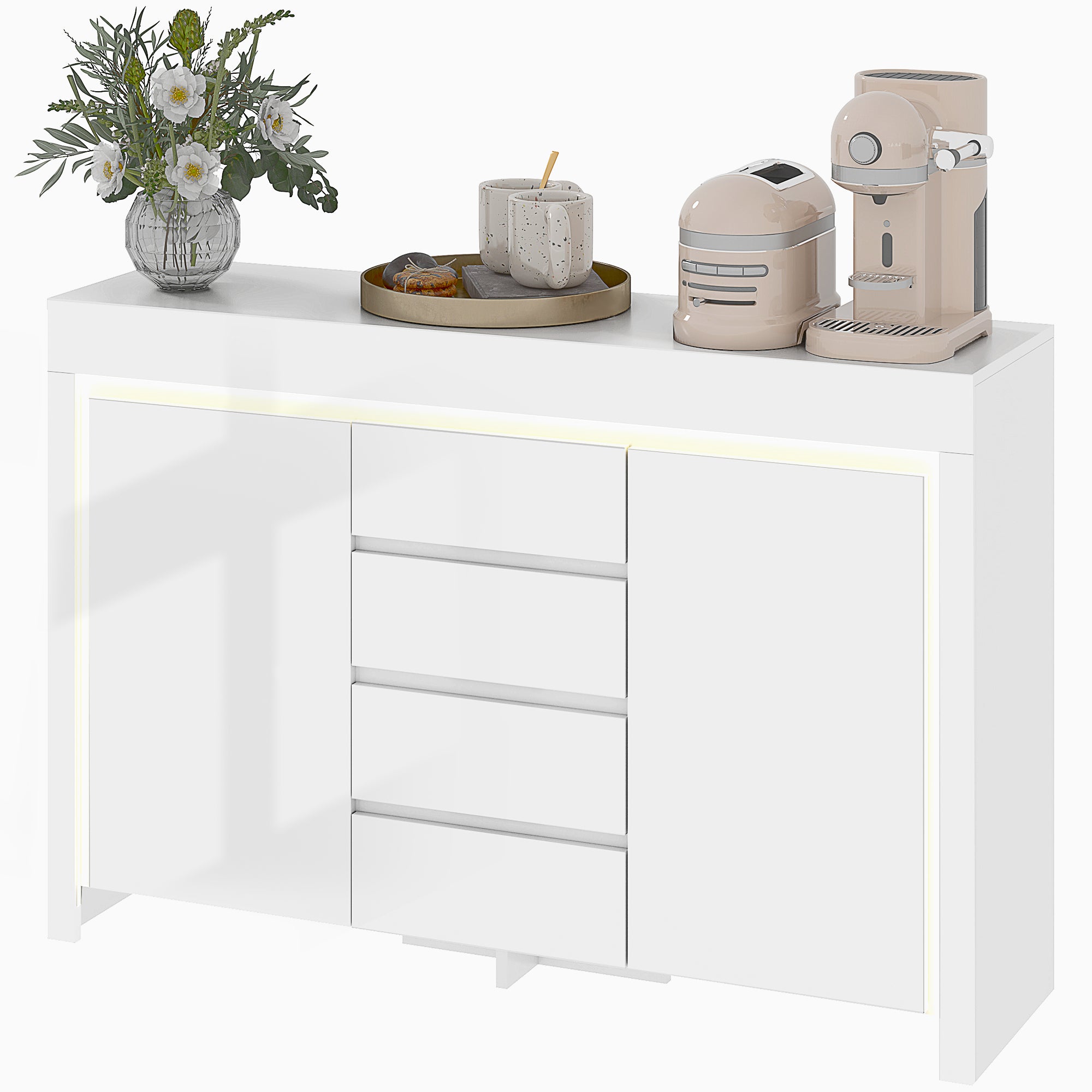 Buffet salon, meuble de rangement avec éclairage LED 4 tiroirs portes à fermeture douce et étagères réglables, style moderne, buffet salle à manger et cuisine, 120 x 34 x 80 cm, blanc brillant
