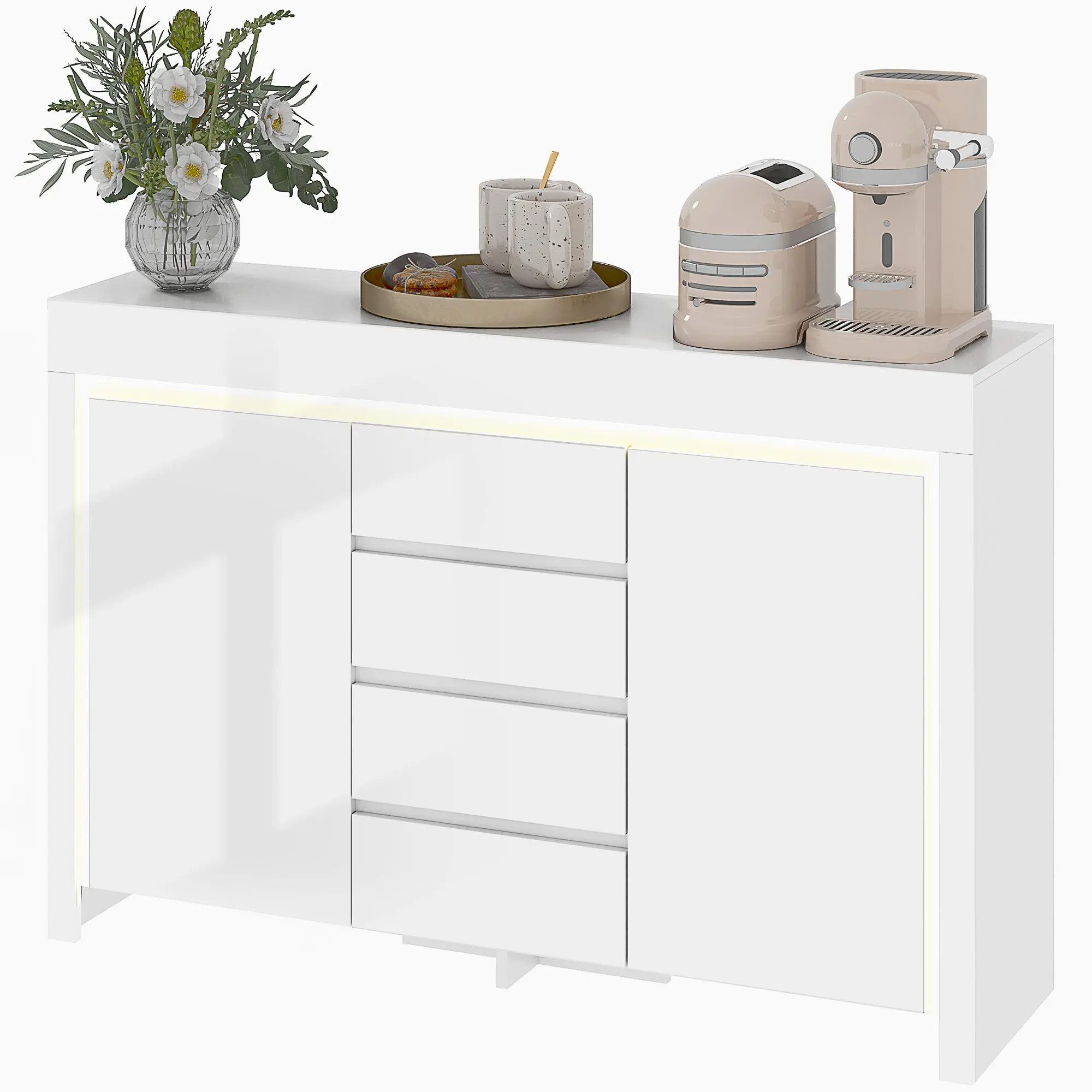 Buffet salon, meuble de rangement avec éclairage LED 4 tiroirs portes à fermeture douce et étagères réglables, style moderne, buffet salle à manger et cuisine, 120 x 34 x 80 cm, blanc brillant