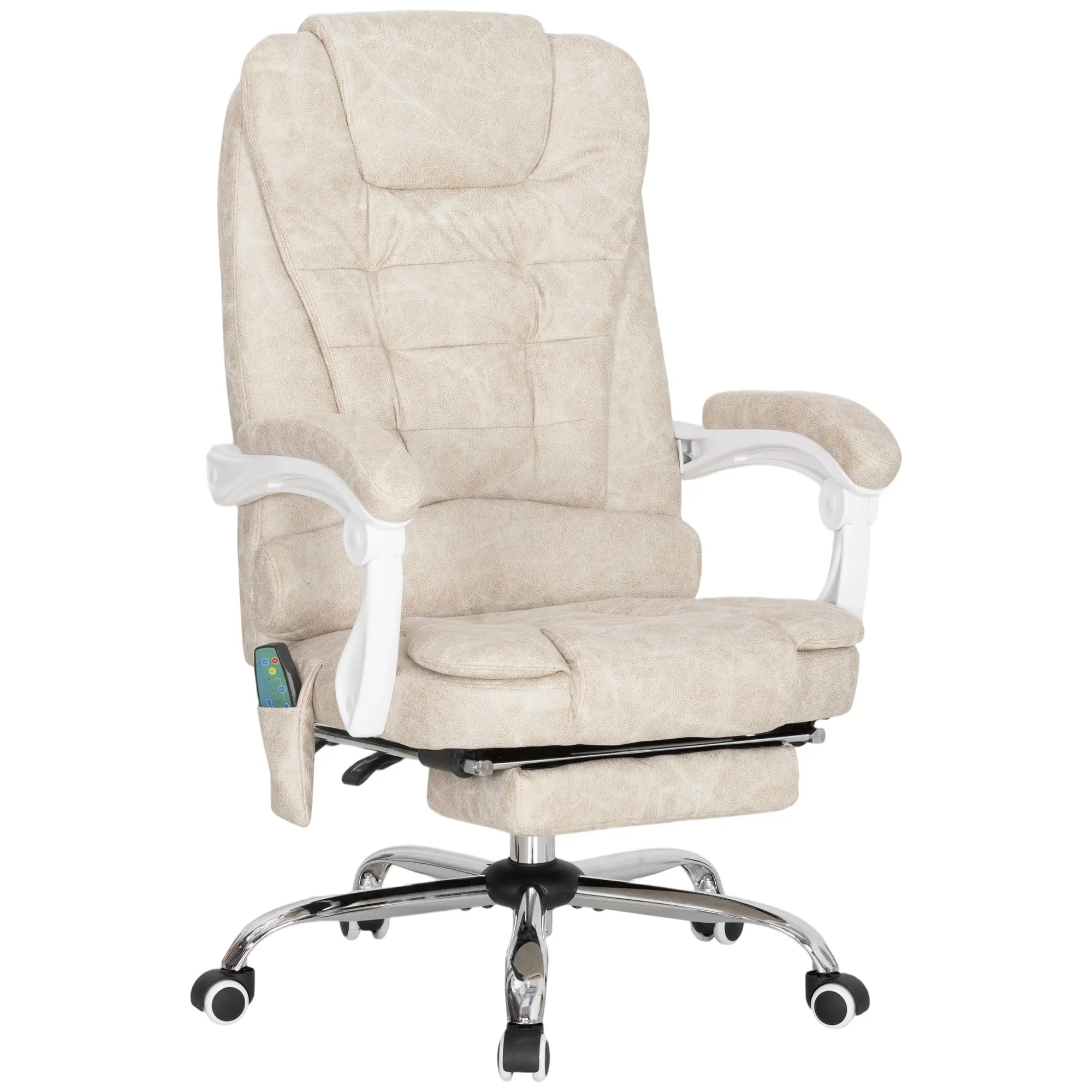 Fauteuil de bureau massant et chauffant, chaise de bureau ergonomique hauteur réglable, dossier inclinable, repose-pieds, télécommande filaire, pivotant 360°, tissu en microfibre, crème