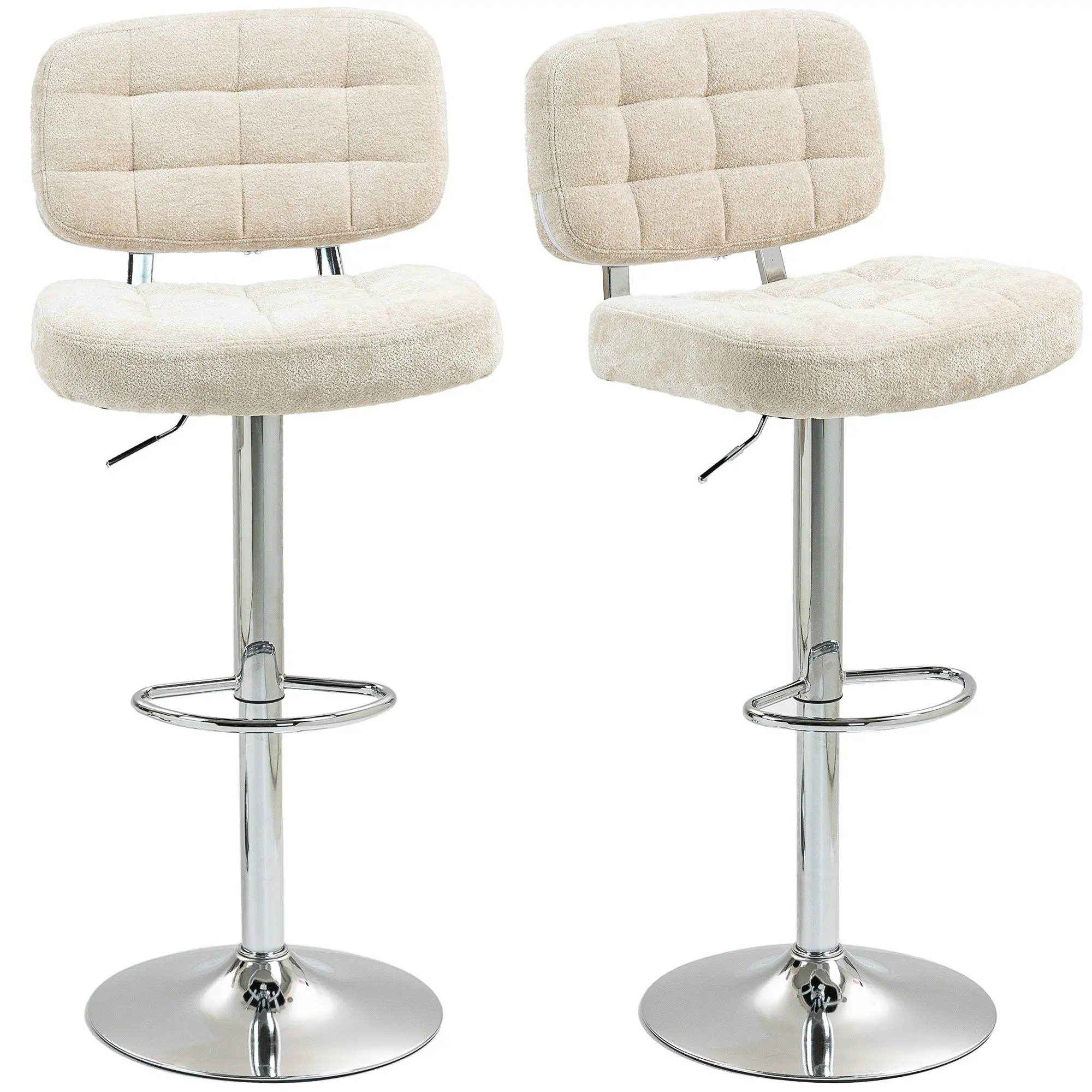 Lot de 2 tabourets de bar, chaises de bar pivotantes, chaise haute cuisine avec dossier, hauteur réglable et repose-pieds, cadre en acier, charge 120 Kg, beige