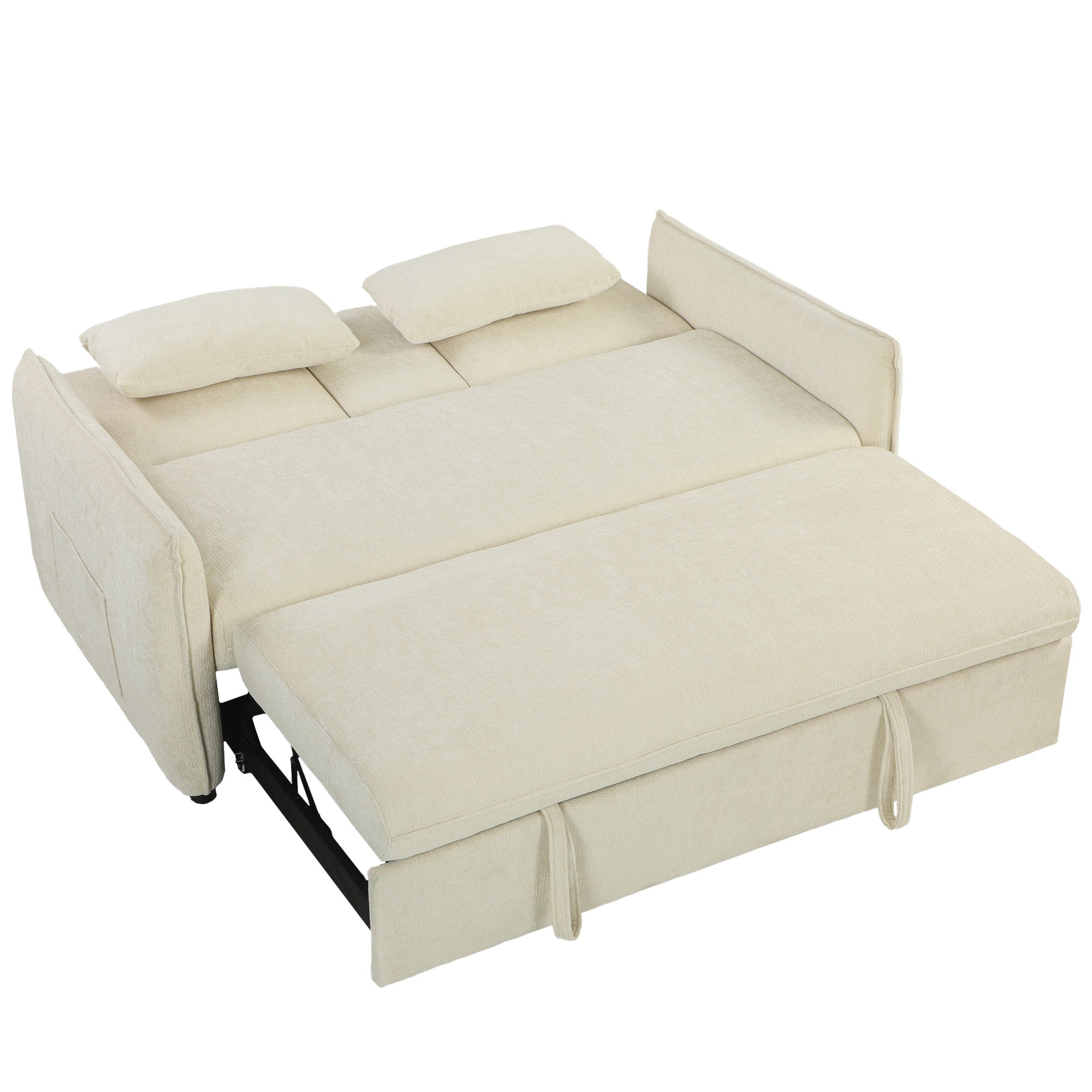 Canapé convertible 2 places 3 en 1, canapé-lit clic clac en chenille avec dossier réglable, porte-gobelets, poches latérales, 2 coussins, pour salon, chambre d'amis, petit espace, beige
