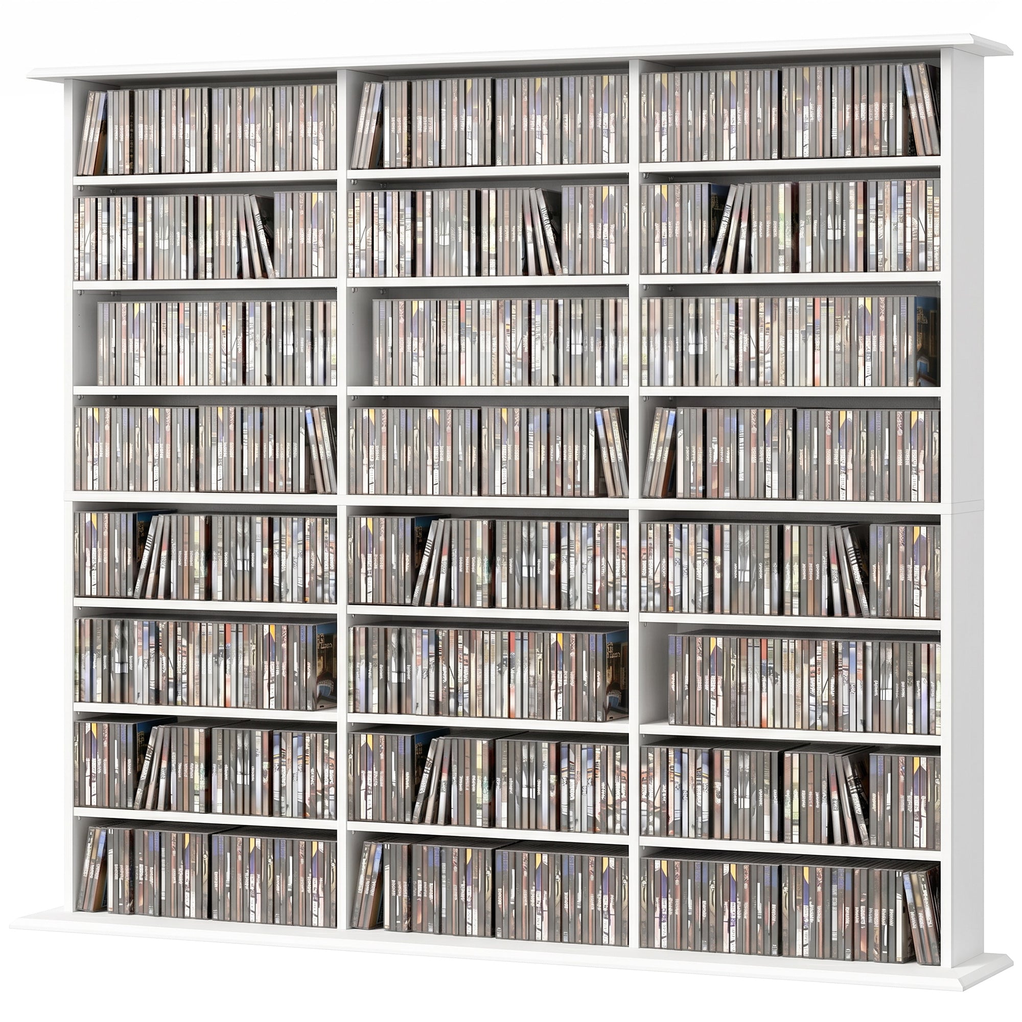 Rangements pour CD et DVD, Meuble de Rangement Multimédia, Capacité Max. 1032 CDs/594 DVDs et Blu-ray, 24 Compartiments et 18 Étagères Réglables, pour Salon, Chambre, 145x24x126,3cm, Blanc