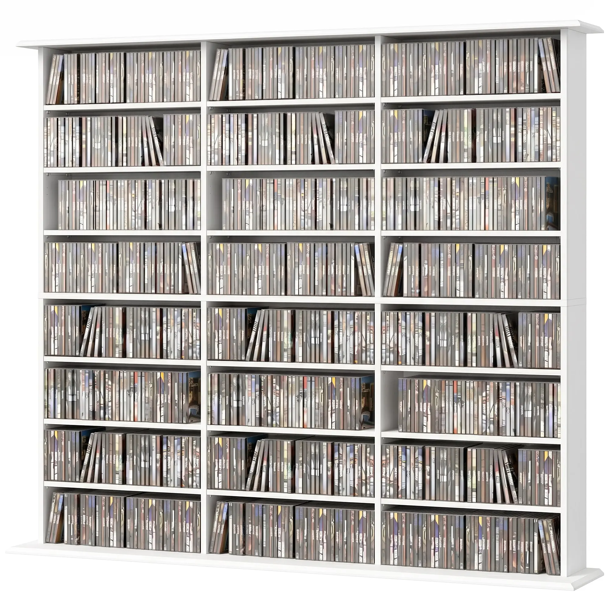 Rangements pour CD et DVD, Meuble de Rangement Multimédia, Capacité Max. 1032 CDs/594 DVDs et Blu-ray, 24 Compartiments et 18 Étagères Réglables, pour Salon, Chambre, 145x24x126,3cm, Blanc