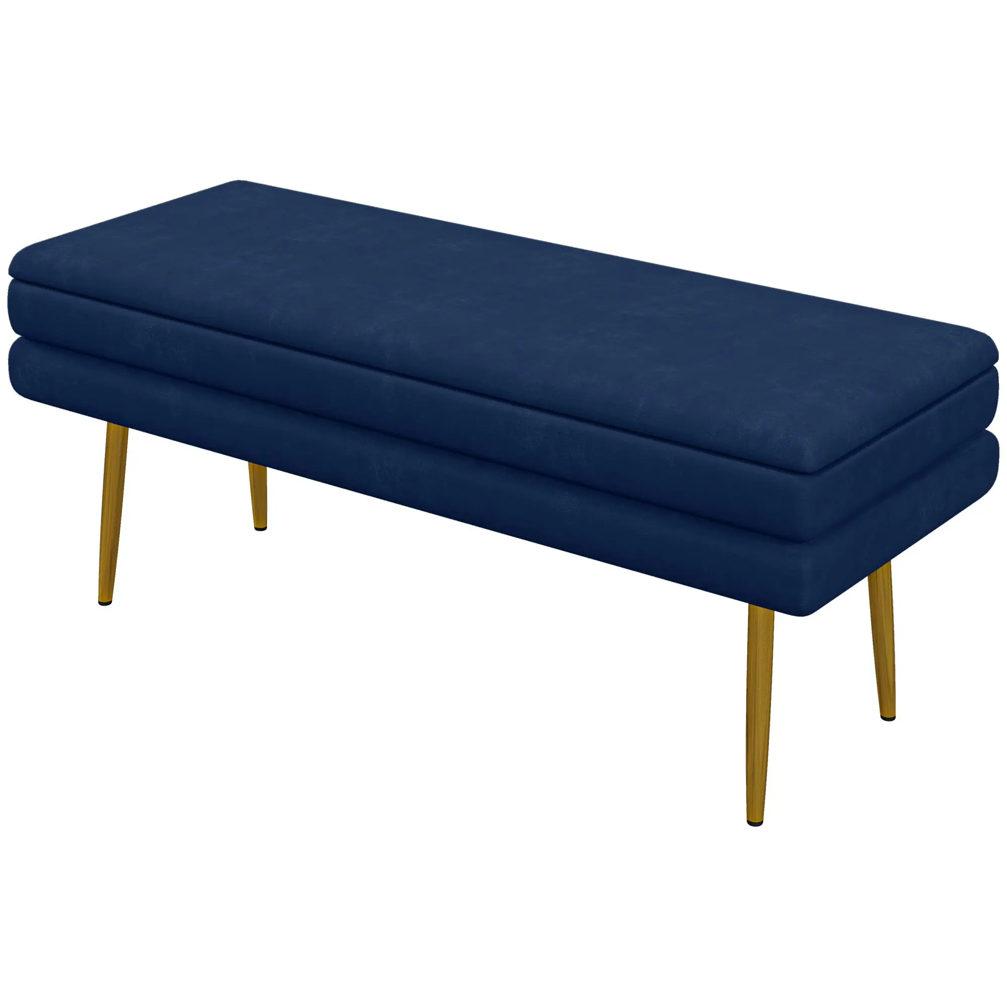 Banc de rangement, bout de lit, coffre de rangement avec assise aspect velours et pieds acier, 100 x 37,5 x 42 cm, bleu et doré