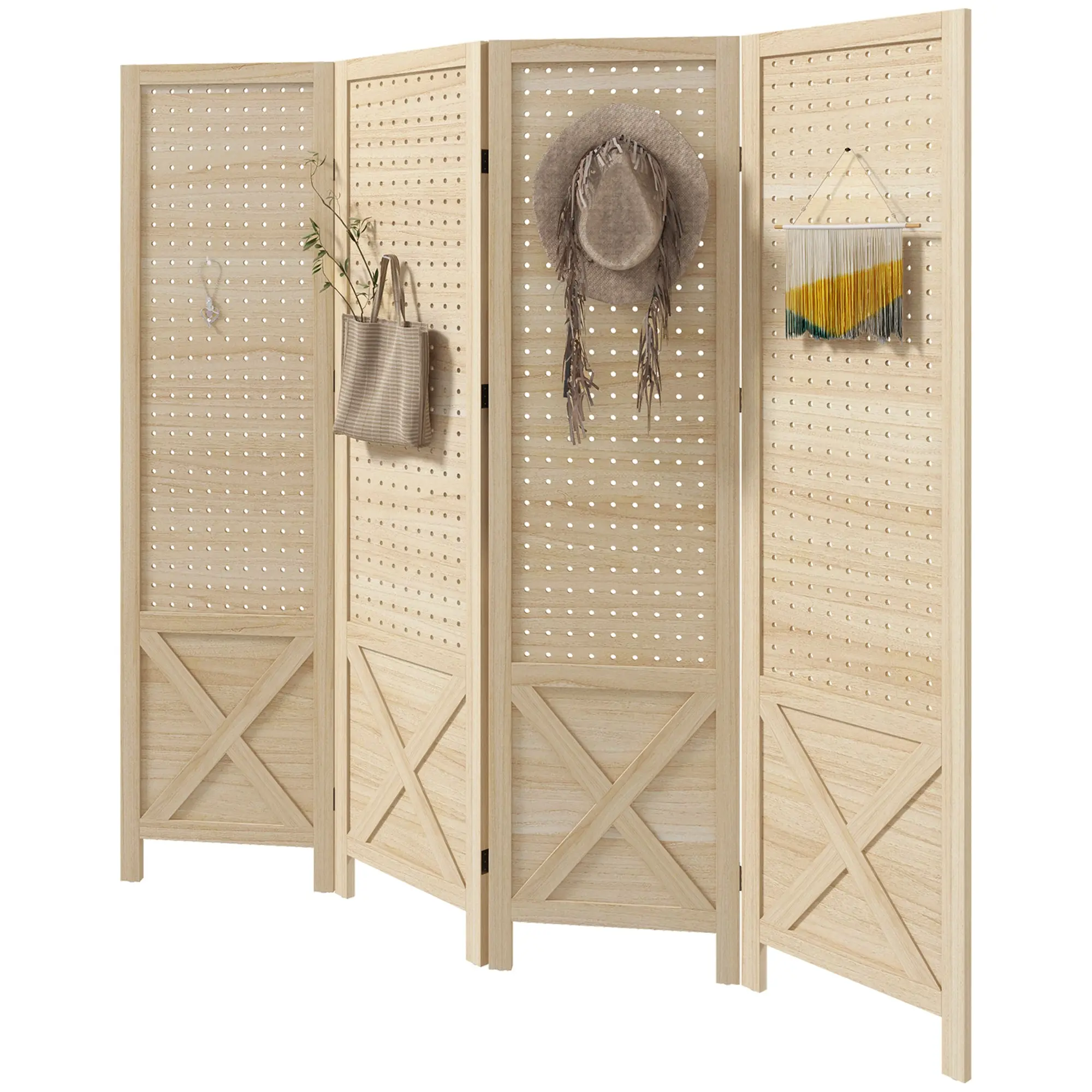 Paravent intérieur en bois, 4 panneaux, 152 x 144,5 cm, panneau perforé, séparateur de pièce pliable, Panneau perforé pour salon, chambre à coucher, maison, bois naturel