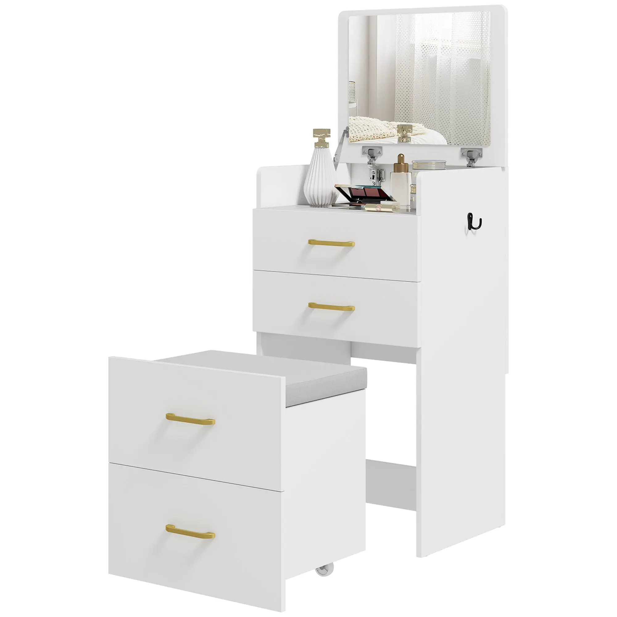 Coiffeuse avec miroir et tabouret 3 en 1, table de maquillage avec 3 tiroirs, plateau en verre visible, coussin rembourré et roulettes, bureau coiffeuse, 48 x 40 x 90 cm, blanc