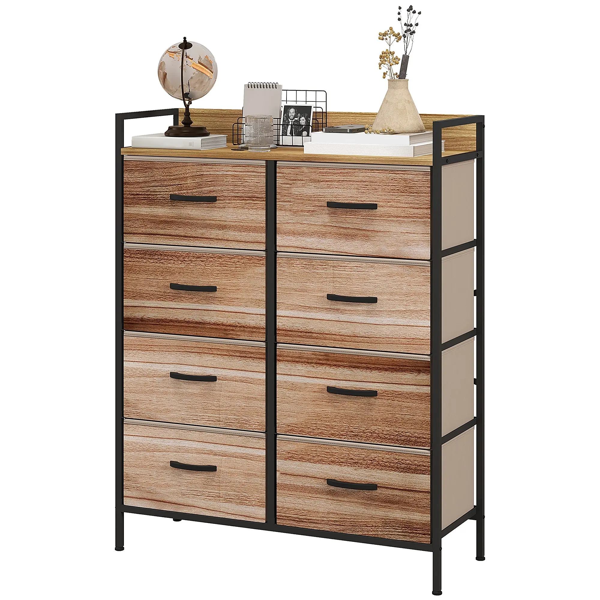 Meuble de Rangement commode chiffonnier 8 tiroirs en Tissu amovibles, étagère supérieure et cadre acier 79L x 29l x 101H cm naturel et noir
