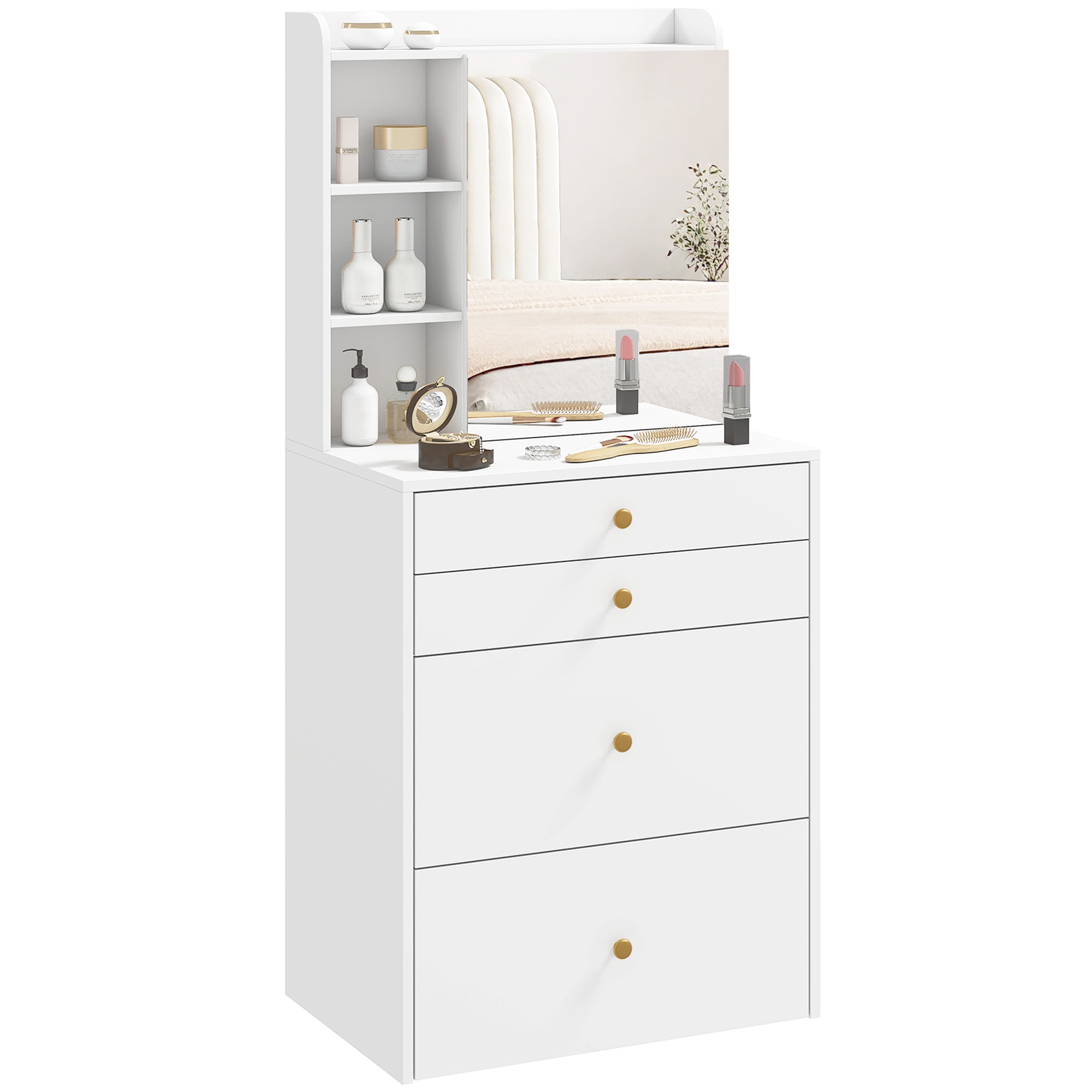 Coiffeuse avec miroir et tabouret de rangement mobile, table de maquillage compacte, tiroirs, placard, compartiments ouverts, étagère réglable, siège rembourré, pour chambre à coucher, blanc