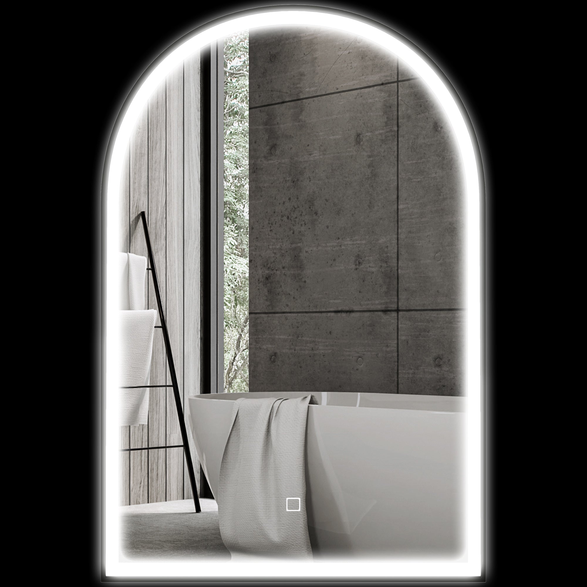 Miroir salle de bain 90 x 60 cm, miroir mural arqué, miroir salle de bain avec éclairage LED, lumière réglable 3 couleurs, anti-buée, mémoire, interrupteur tactile, cadre en aluminium - noir