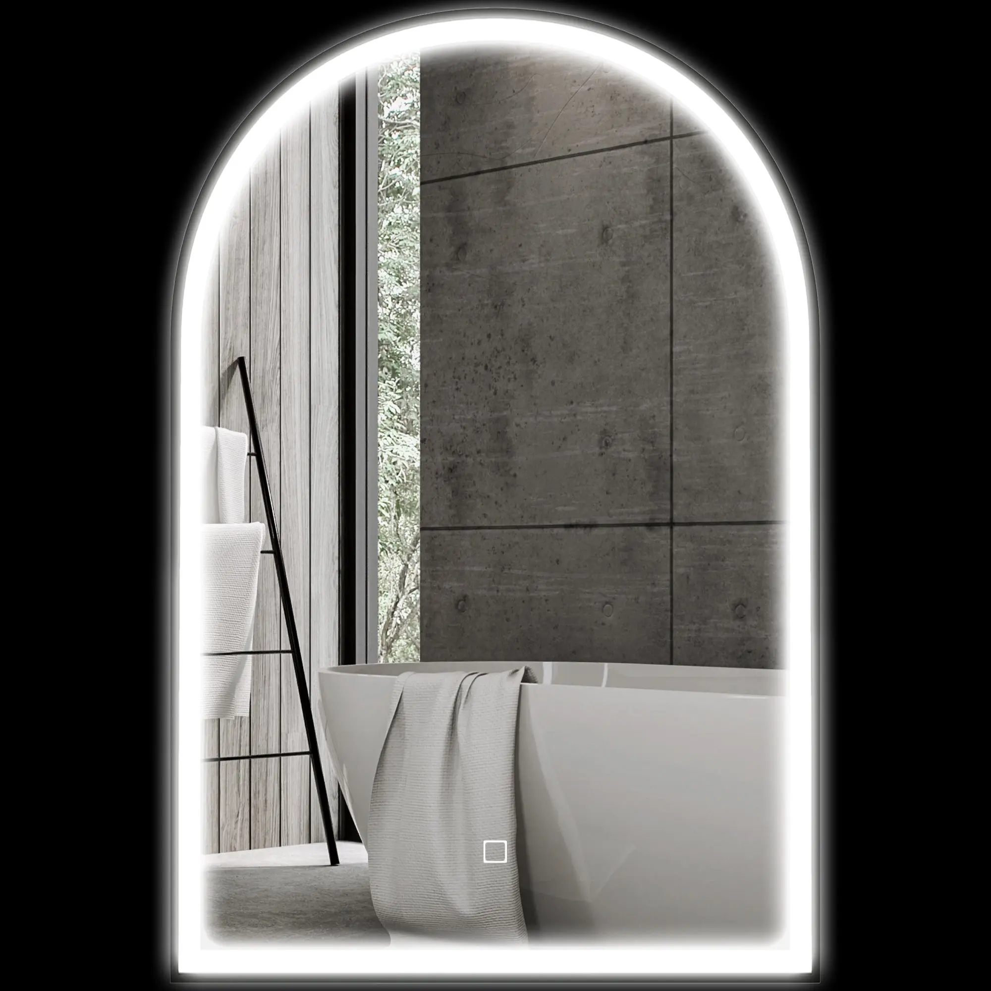 Miroir salle de bain 90 x 60 cm, miroir mural arqué, miroir salle de bain avec éclairage LED, lumière réglable 3 couleurs, anti-buée, mémoire, interrupteur tactile, cadre en aluminium - noir