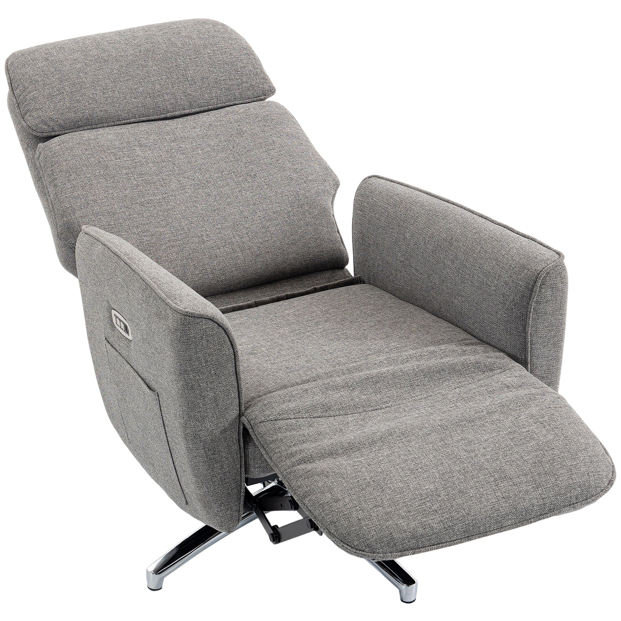 Fauteuil Relax Électrique Pivotant 360° avec Appui-Tête Réglable, Ports USB, Fauteuil Inclinable en Lin, 2 Moteurs, Repose-Pieds, Poches Latérales, Ressorts Ensachés, pour Chambre, Salon, Gris