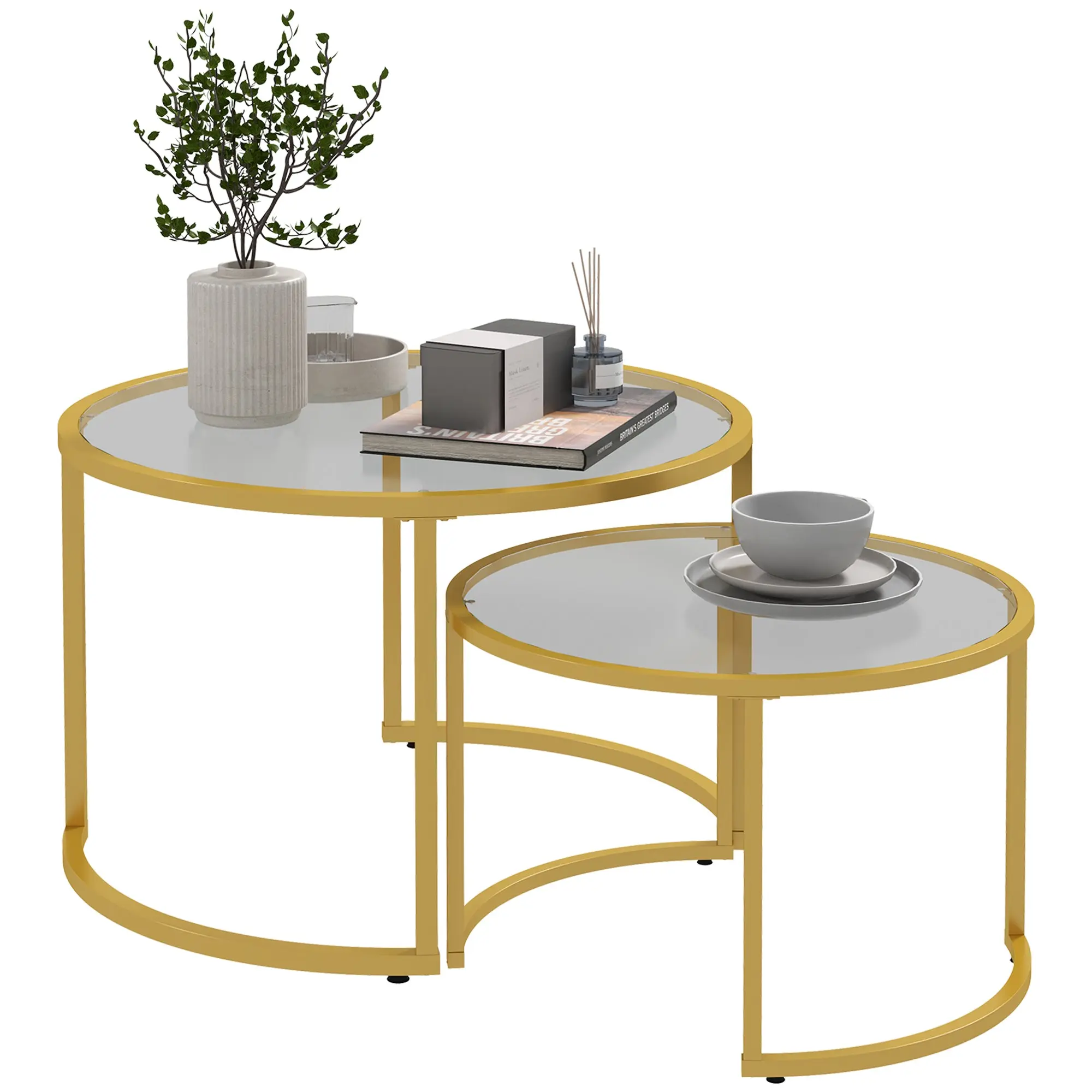 Lot de 2 tables basses gigognes rondes 70/54 cm plateau verre trempé et pied en acier au carbone design moderne doré
