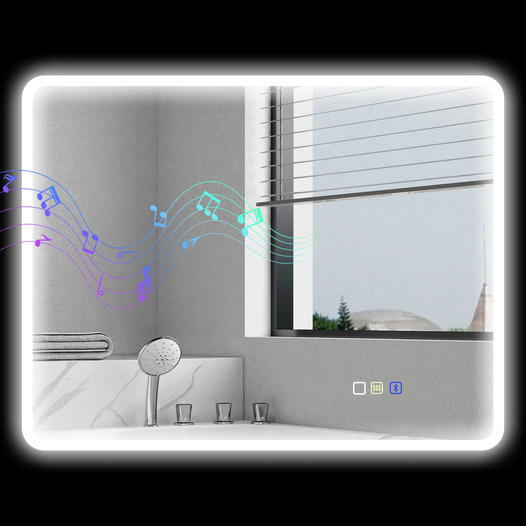 Miroir salle de bain bluetooth 70 x 90 cm, miroir lumineux salle de bain mural avec éclairage LED, interrupteur tactile, lumière réglable 3 couleurs, anti-buée, mémoire - argent