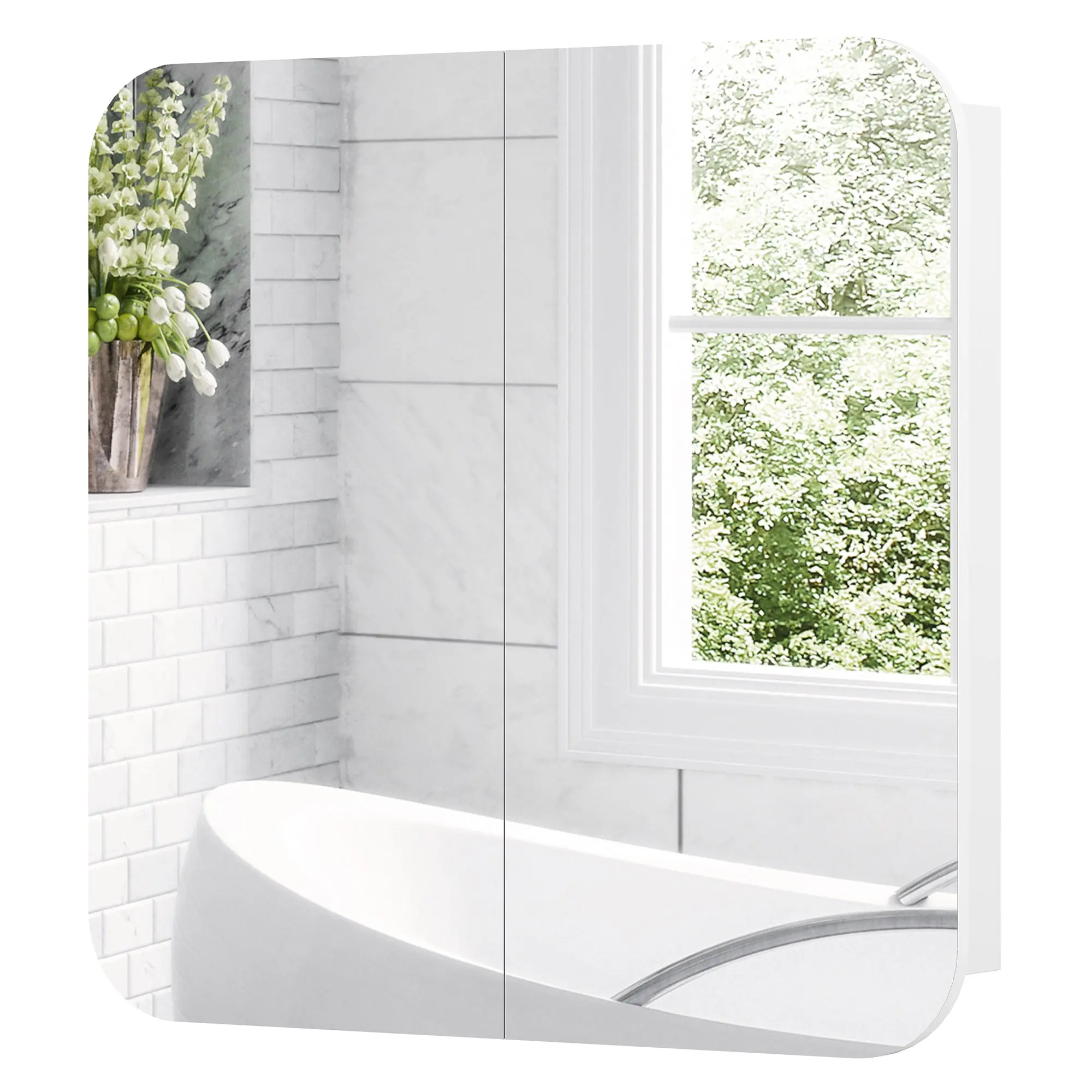 Armoire murale salle de bain avec miroir arqué 68 x 13 x 66 cm meuble salle de bain, armoire de toilette avec étagère réglable et 2 portes pour cuisine, buanderie, blanc