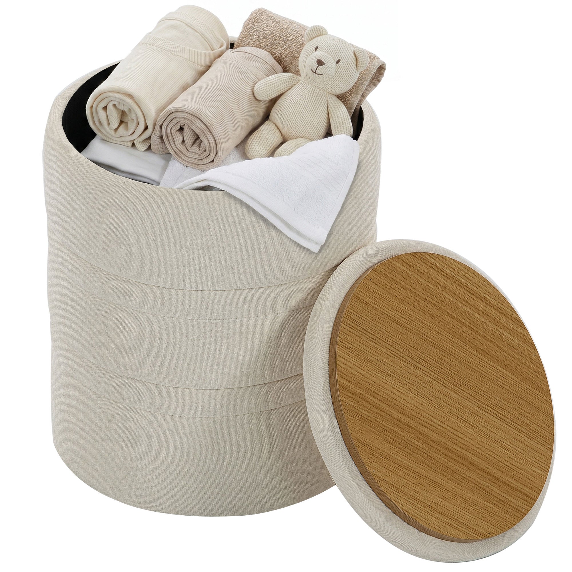 Pouf coffre rangement, tabouret rond avec couvercle, pouf repose-pieds en chenille, pour la chambre à coucher, entrée, salon, charge 120 Kg, Ø 36,5 x 46,5 cm, beige