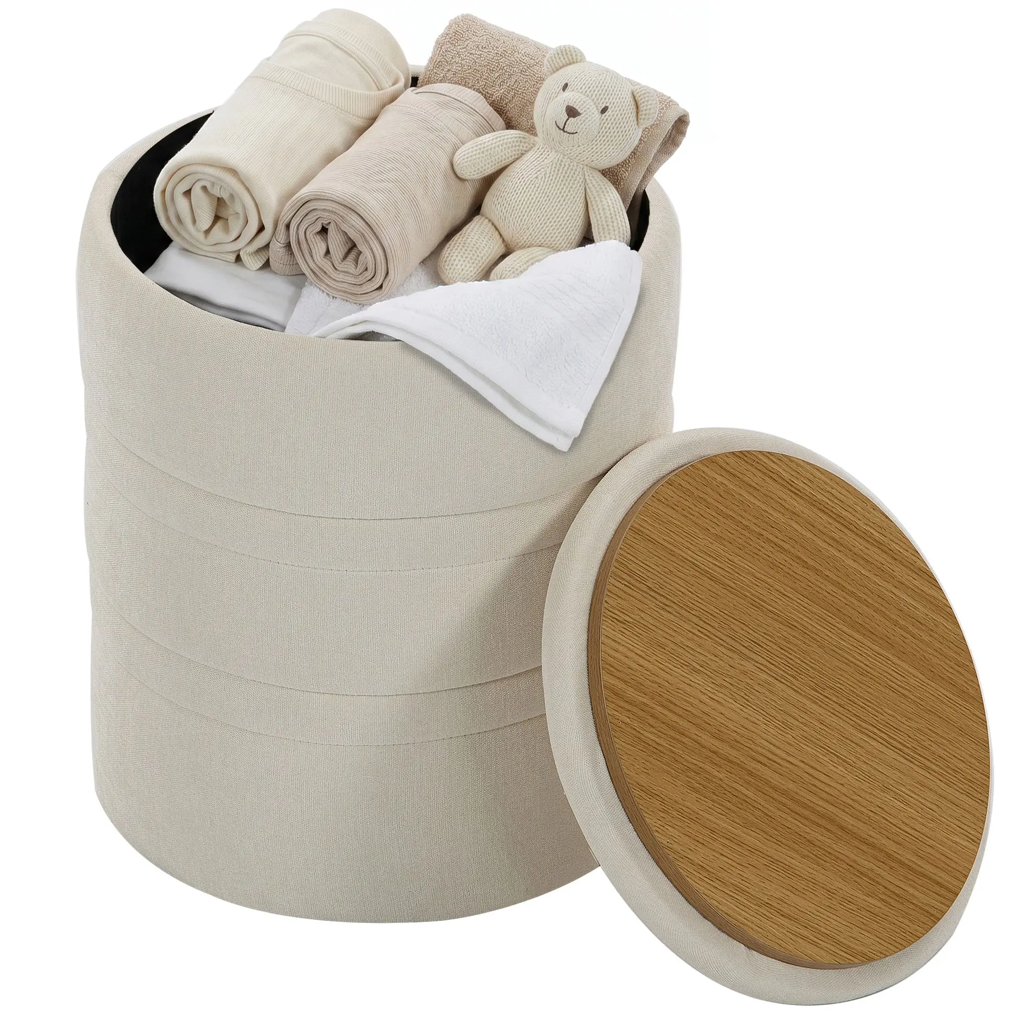 Pouf coffre rangement, tabouret rond avec couvercle, pouf repose-pieds en chenille, pour la chambre à coucher, entrée, salon, charge 120 Kg, Ø 36,5 x 46,5 cm, beige