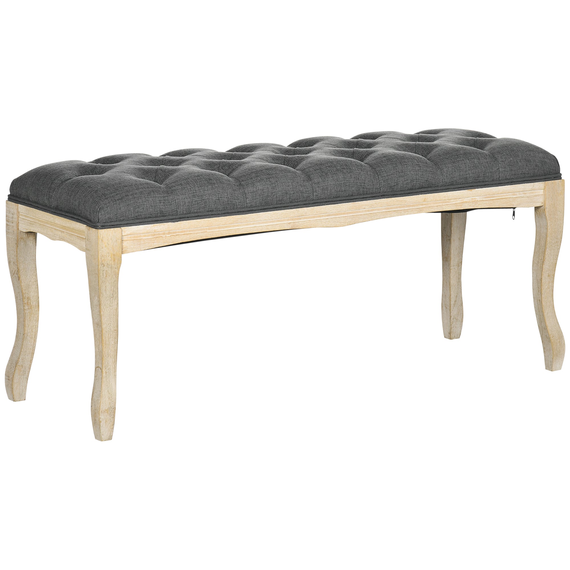 Banc Banquette capitonnée Style Classique 110 cm Bout de lit Rembourrée en lin piètement Bois hévéa sculpté Lin Gris