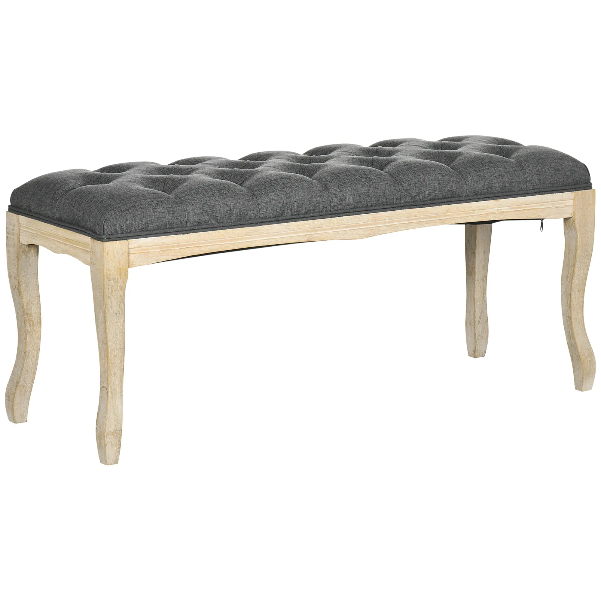 Banc Banquette capitonnée Style Classique 110 cm Bout de lit Rembourrée en lin piètement Bois hévéa sculpté Lin Gris