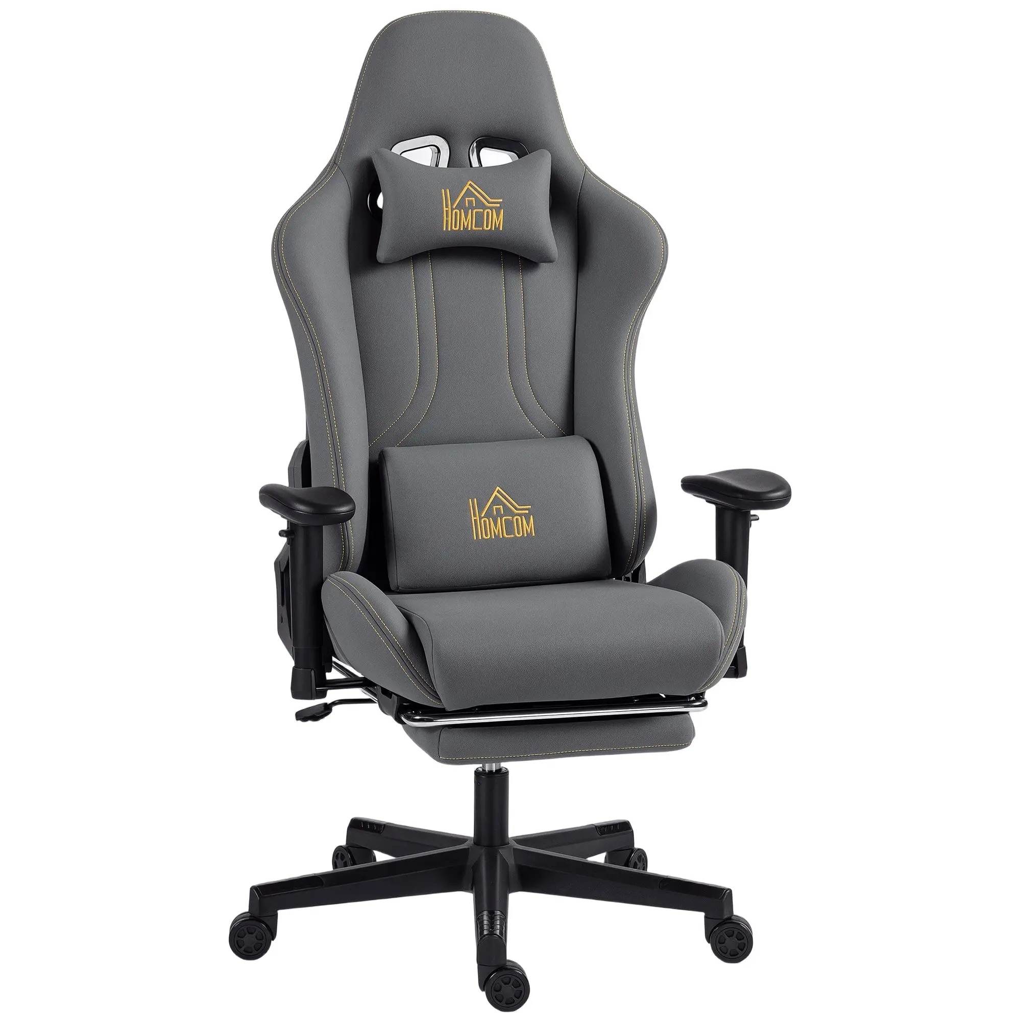 Chaise gaming ergonomique avec accoudoirs réglables, fauteuil gamer en suède avec dossier inclinable, hauteur réglable, repose-pieds, appui-tête, soutien lombaire et pivotant à 360°, gris