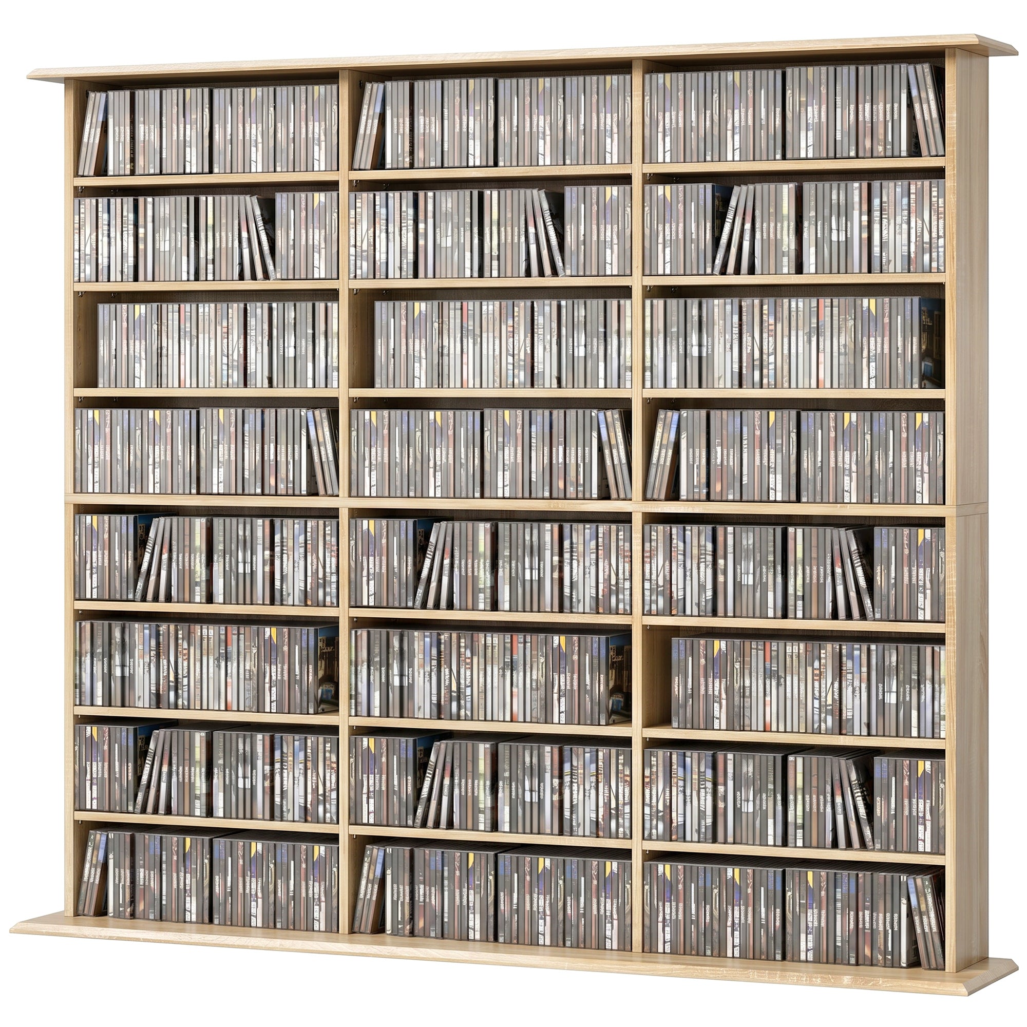 Rangements pour CD et DVD, Meuble de Rangement Multimédia, Capacité Max. 1032 CDs/594 DVDs et Blu-ray, 24 Compartiments et 18 Étagères Réglables, pour Salon, Chambre, 145x24x126,3cm, Chêne