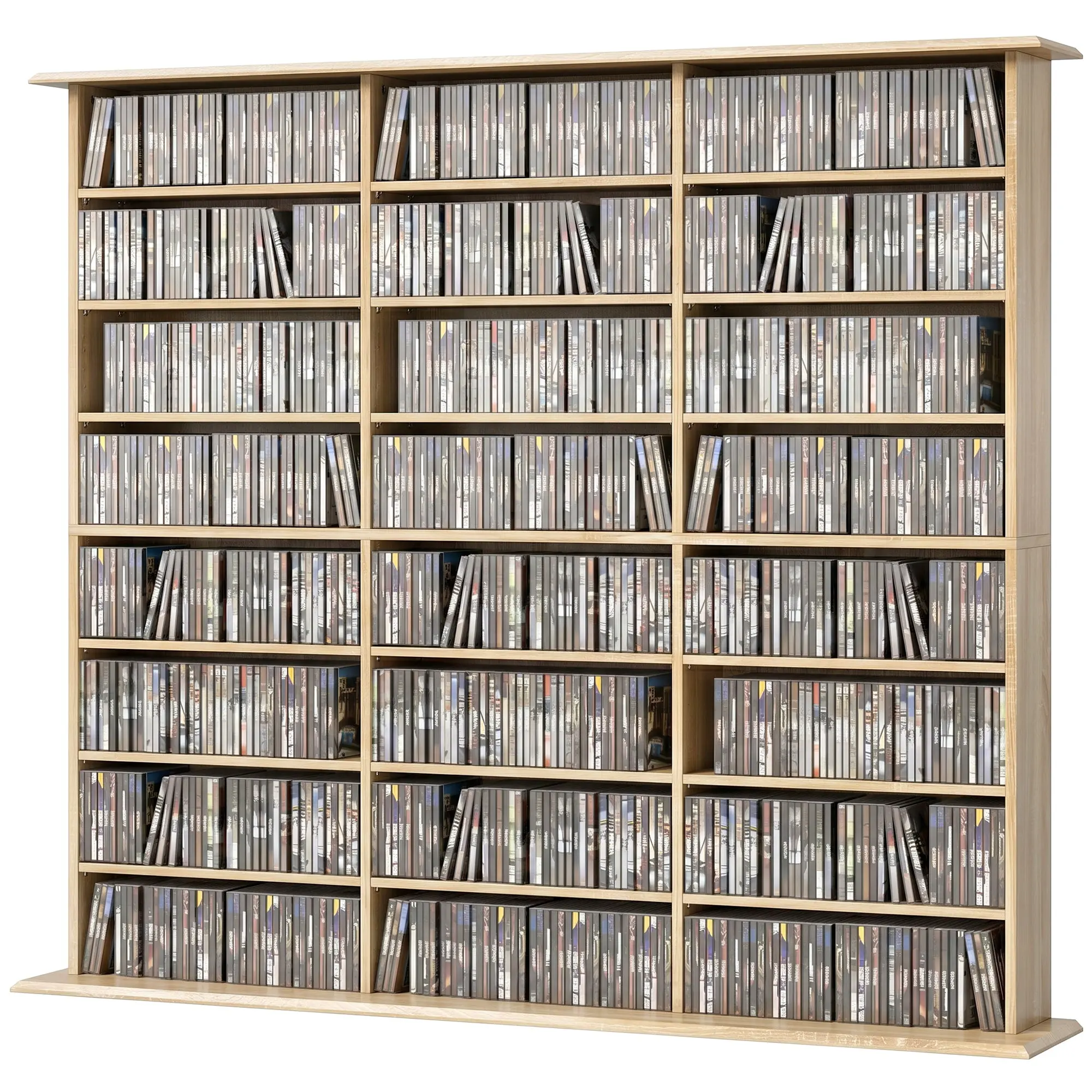 Rangements pour CD et DVD, Meuble de Rangement Multimédia, Capacité Max. 1032 CDs/594 DVDs et Blu-ray, 24 Compartiments et 18 Étagères Réglables, pour Salon, Chambre, 145x24x126,3cm, Chêne