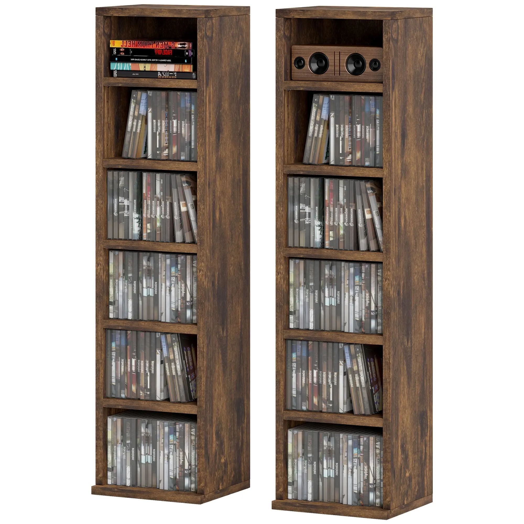 Lot de 2 étagères colonnes armoire de rangement CD-DVD 6 + 6 compartiments 21 x 22,5 x 88,5 cm capacité max. 204 CD brun rustique