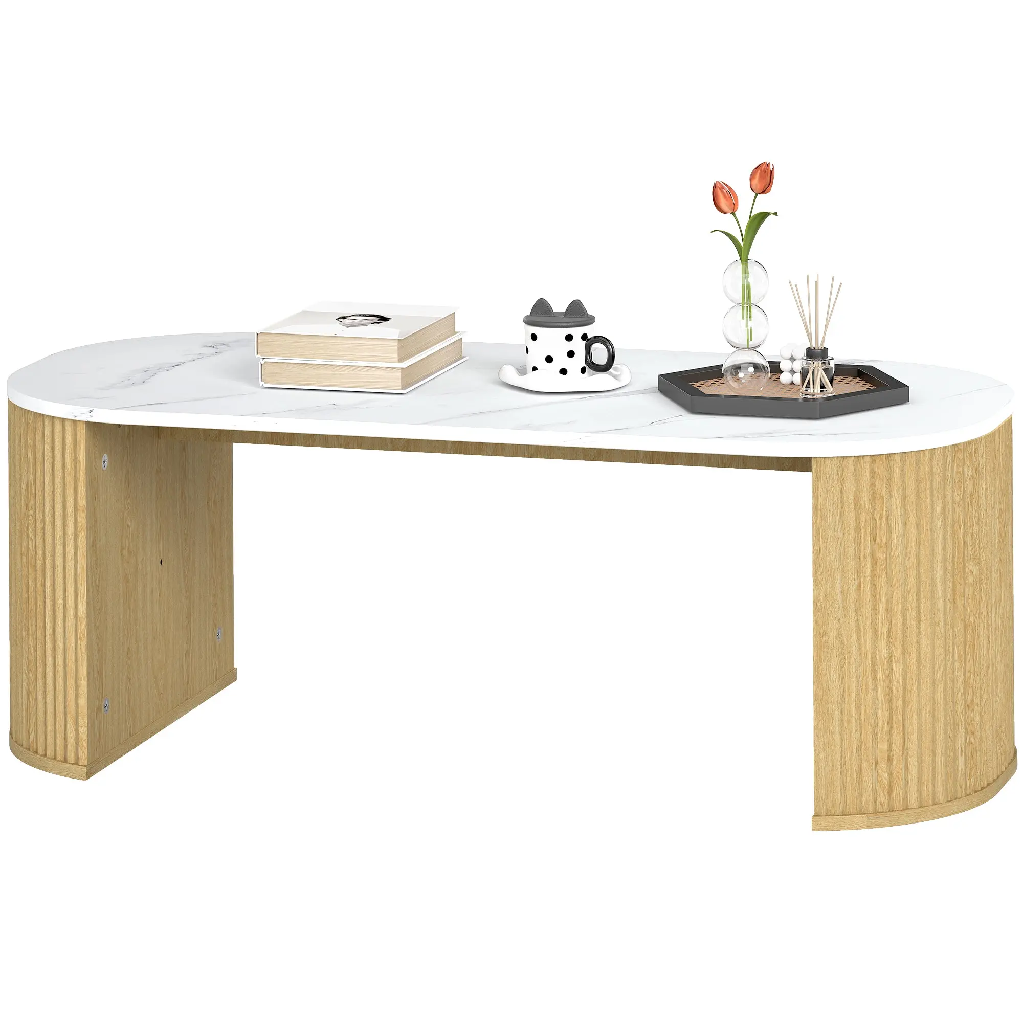 Table basse ovale, table d'appoint aspect effet marbre, avec coins arrondis et pieds épais, pour salon bureau chambre, 110 x 50 x 40 cm, blanc