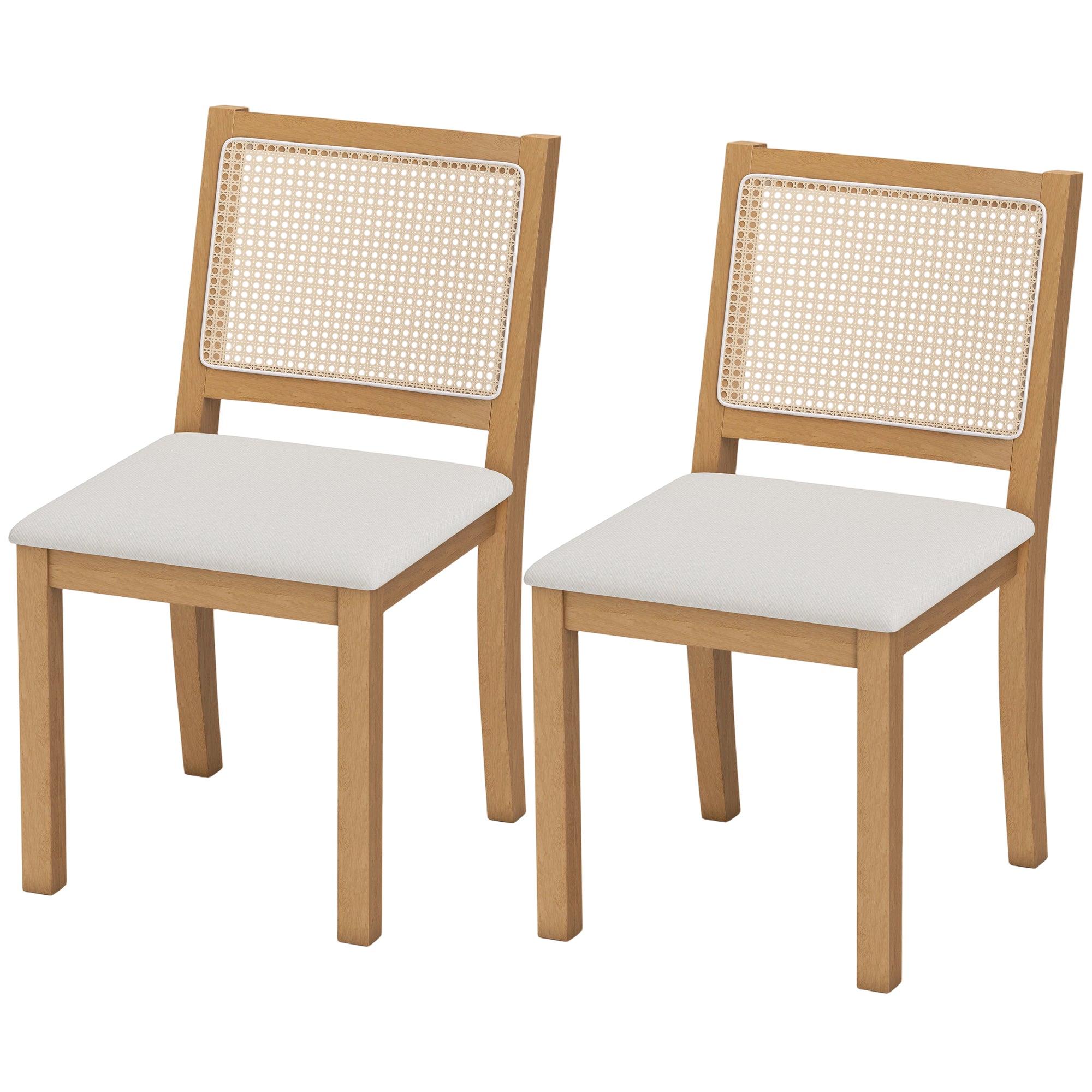 Lot de 2 chaises de salle à manger, chaises de cuisine avec assise rembourrée, dossier effet rotin, structure en bois d'hévéa massif, tissu aspect lin, crème et chêne