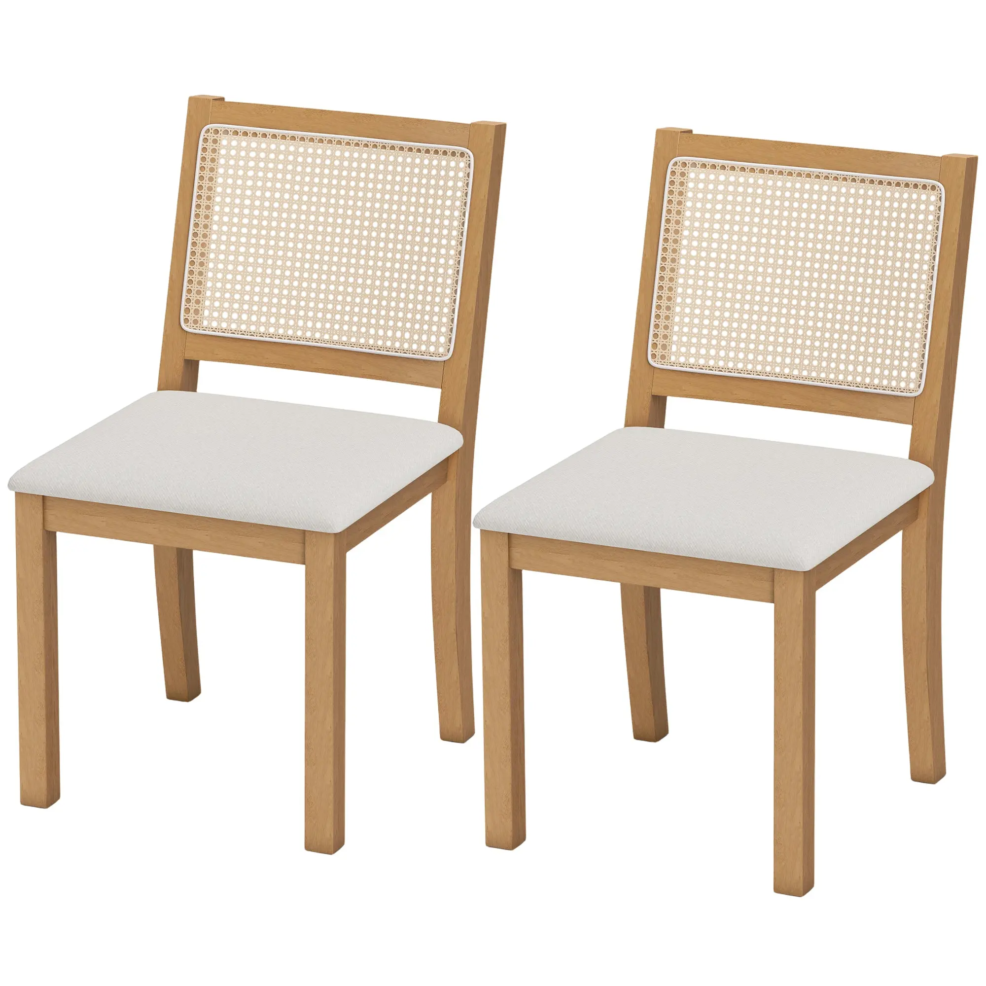 Lot de 2 chaises de salle à manger, chaises de cuisine avec assise rembourrée, dossier effet rotin, structure en bois d'hévéa massif, tissu aspect lin, crème et chêne