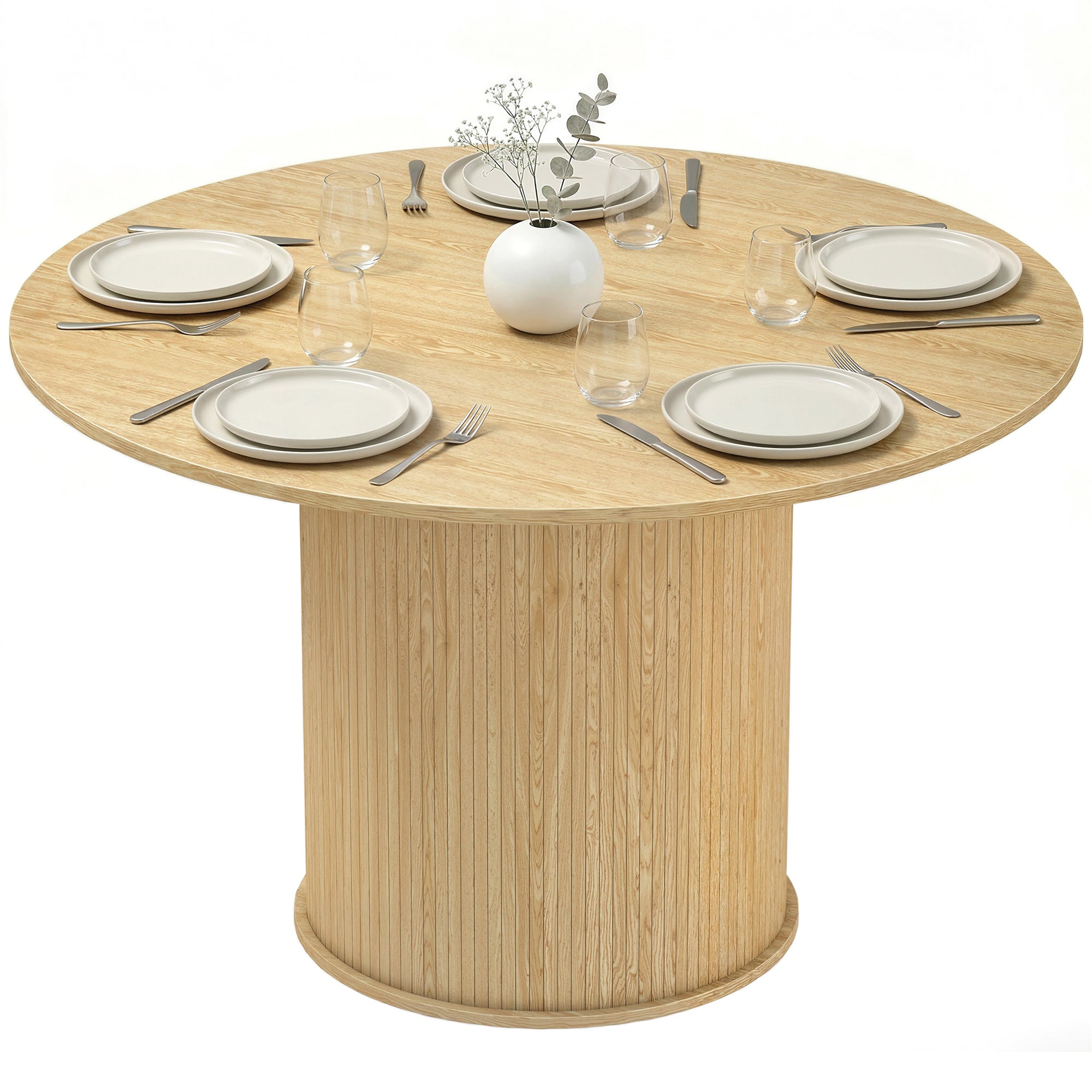 Table à manger ronde pour 5 personnes, 120 x 75 cm, table de cuisine moderne avec large plateau et base cylindrique cannelée, pour salon, salle à manger, bois naturel