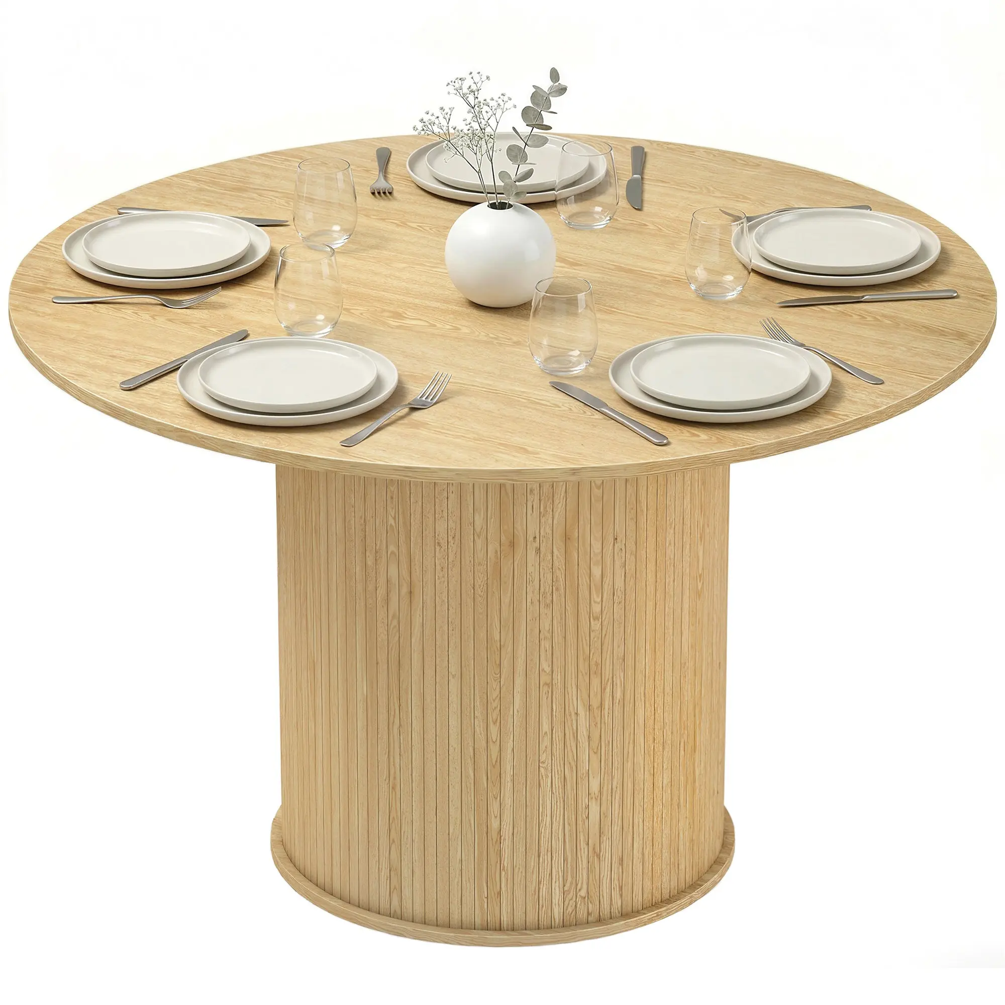 Table à manger ronde pour 5 personnes, 120 x 75 cm, table de cuisine moderne avec large plateau et base cylindrique cannelée, pour salon, salle à manger, bois naturel