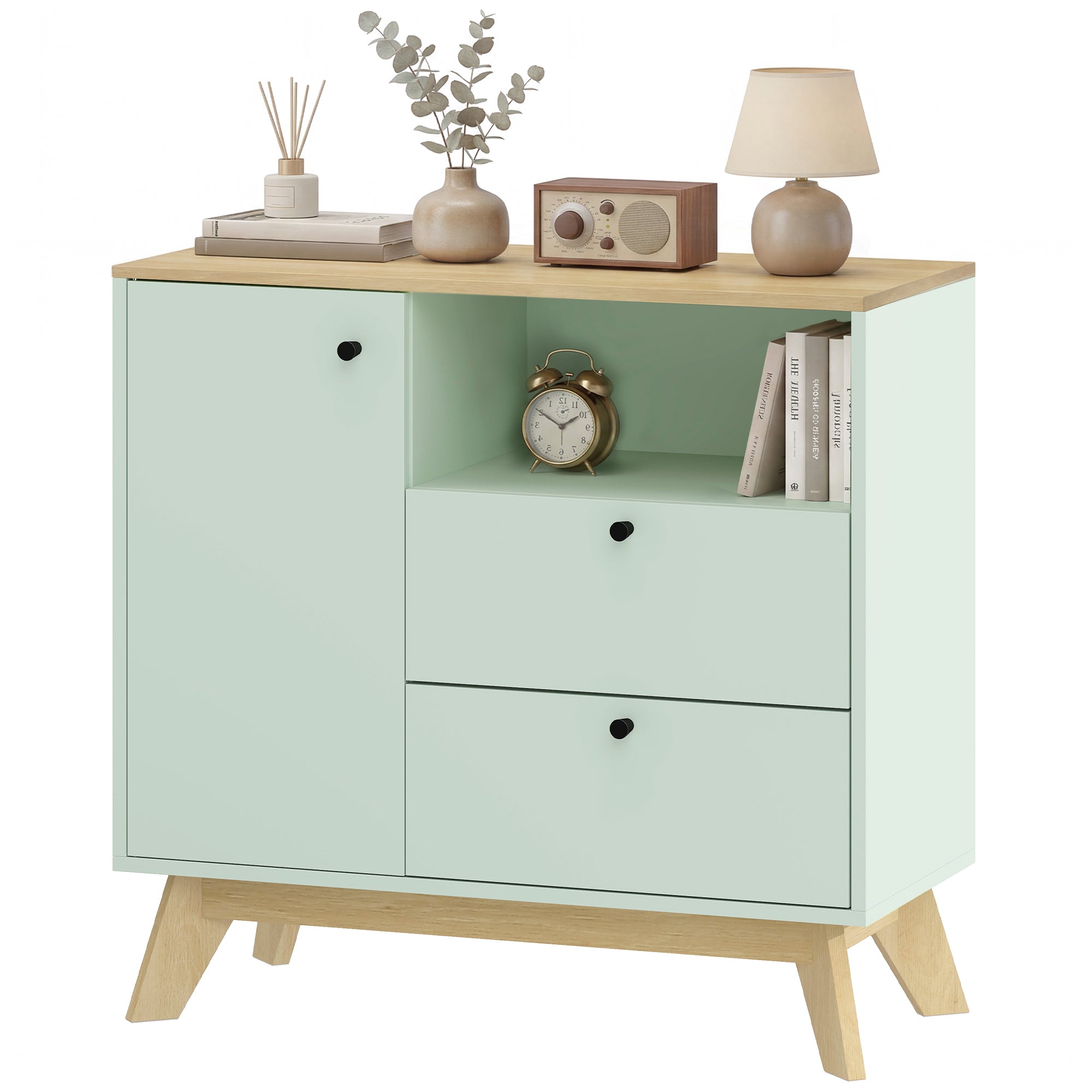 Buffet salon, meuble de rangement avec porte, 2 tiroirs, compartiment ouvert et étagère réglable, style moderne, buffet salle à manger et cuisine, 80 x 35 x 76,3 cm, vert clair et chêne