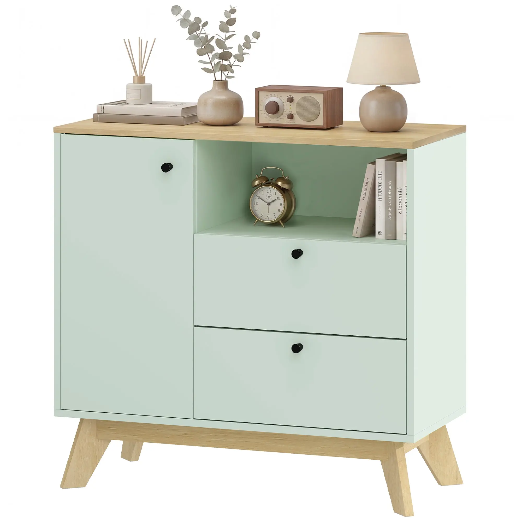Buffet salon, meuble de rangement avec porte, 2 tiroirs, compartiment ouvert et étagère réglable, style moderne, buffet salle à manger et cuisine, 80 x 35 x 76,3 cm, vert clair et chêne