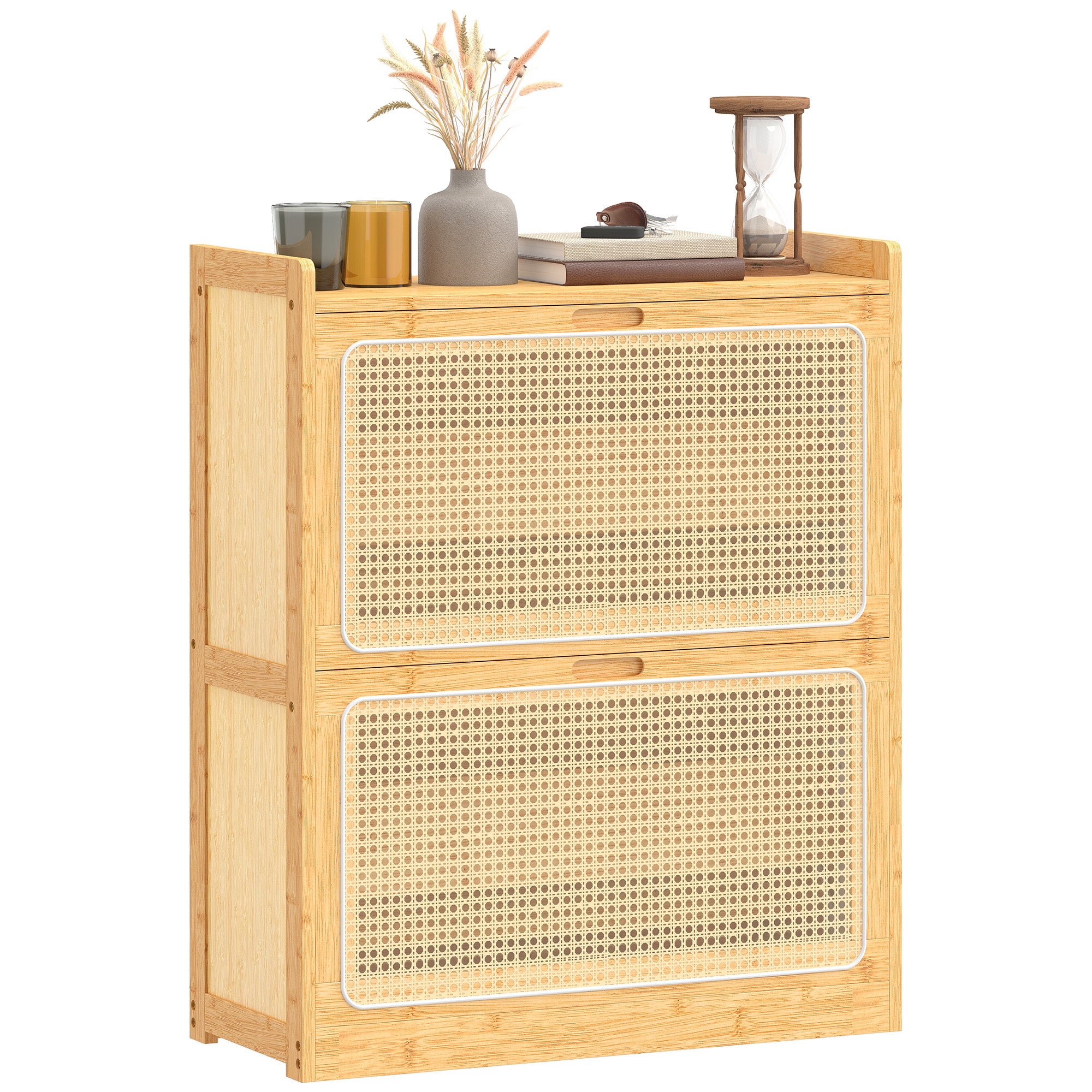 Meuble à chaussures 14 paires en bambou, armoire à chaussures étroite avec 2 tiroirs rabattables et étagères réglables, style bohème, pour couloir, entrée, 69 x 29 x 83 cm, bois naturel