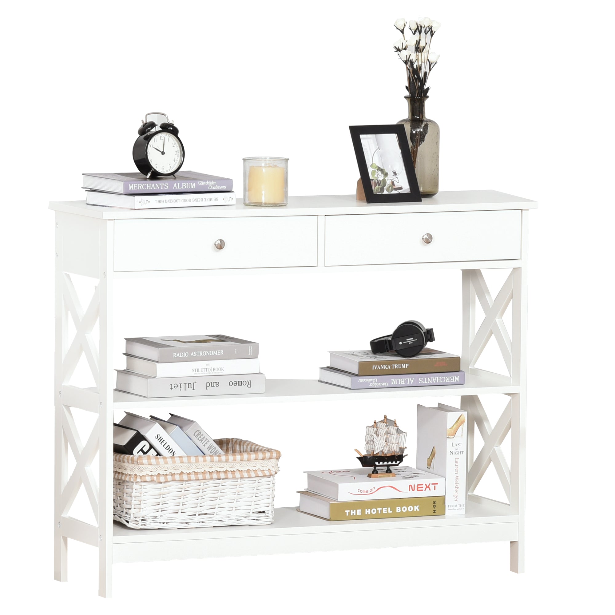 Table de console table d'entrée style table de drapier néo-rétro 2 tiroirs 2 étagères dim. 100L x 30.5l x 80H cm en bois Blanc