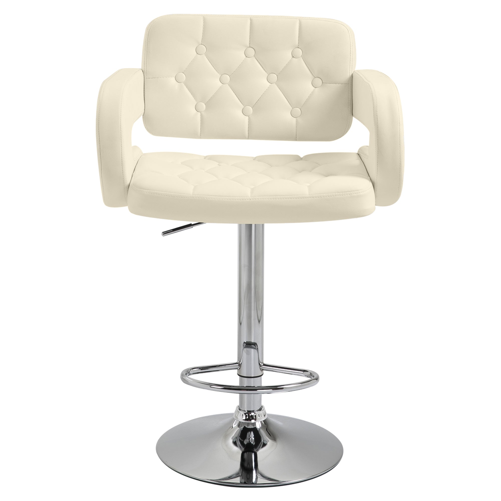 Tabouret de bar pivotant à 360°, chaise de bar réglable en hauteur avec dossier rembourrée, repose-pieds et accoudoirs, chaise haute cuisine en PU et métal pour salle à manger, comptoir, blanc