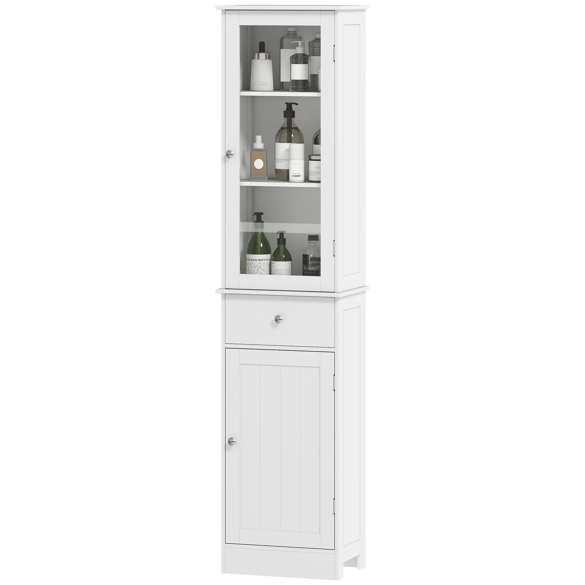 Meuble Colonne de Salle de Bain Placard Porte Acrylique 2 étagères Placard Porte 1 étagère tiroir MDF Blanc