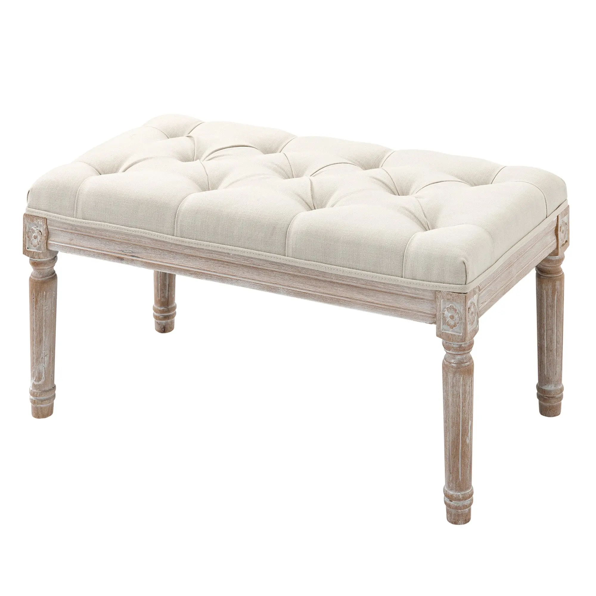 Banc Banquette classique capitonné 80cm bout de lit Rembourrée en lin - bois d'hévéa sculpté, patiné - beige