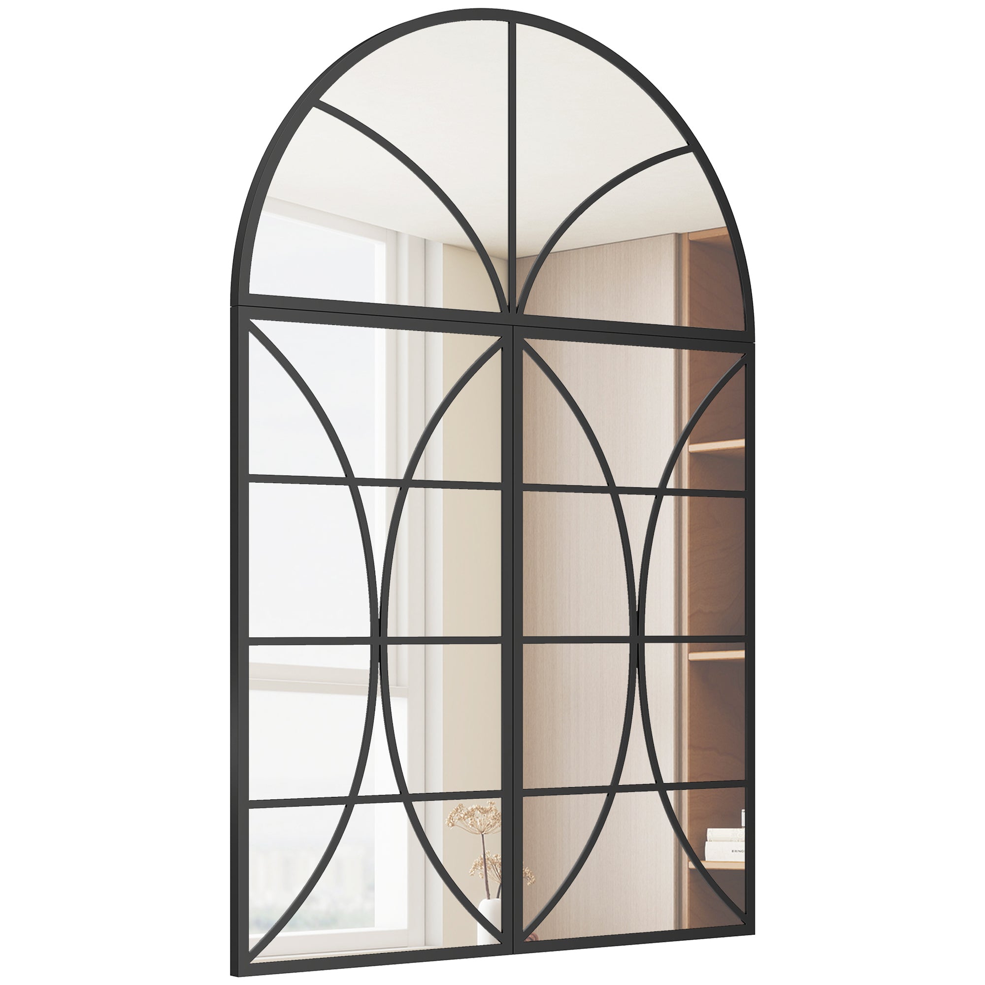 Miroir Mural Arqué 80 x 120 cm, Lot de 3 Pièces, Miroir Verrière Décoratif en Forme de Fenêtre, Verre Trempé Incassable, Cadre en Métal, pour Salon, Chambre à Coucher, Couloir, Noir