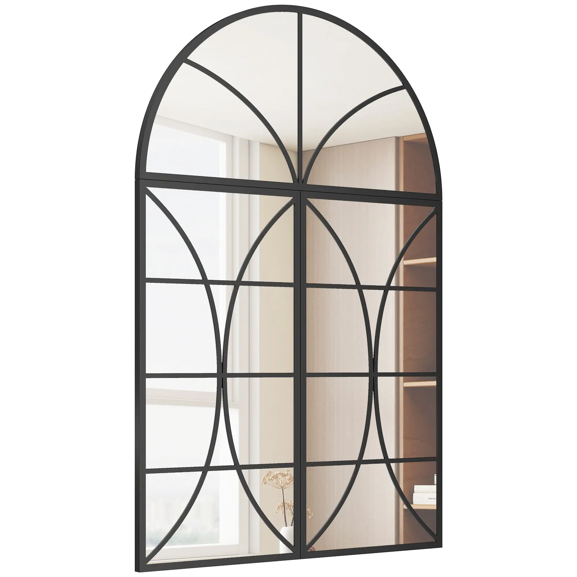 Miroir Mural Arqué 80 x 120 cm, Lot de 3 Pièces, Miroir Verrière Décoratif en Forme de Fenêtre, Verre Trempé Incassable, Cadre en Métal, pour Salon, Chambre à Coucher, Couloir, Noir