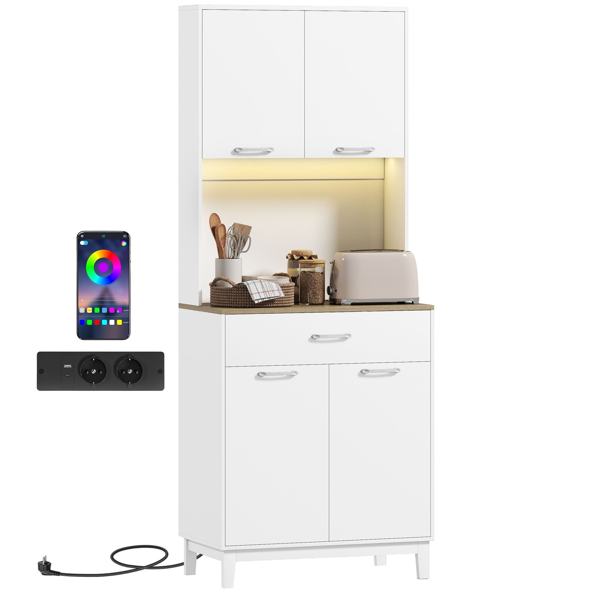 Buffet Haut Cuisine avec LED et Station de Charge, Armoire de Cuisine 180cm avec 4 Portes, Tiroir, Étagères Réglables et Plan de Travail, Meuble de Rangement pour Salon, Salle à Manger, Blanc