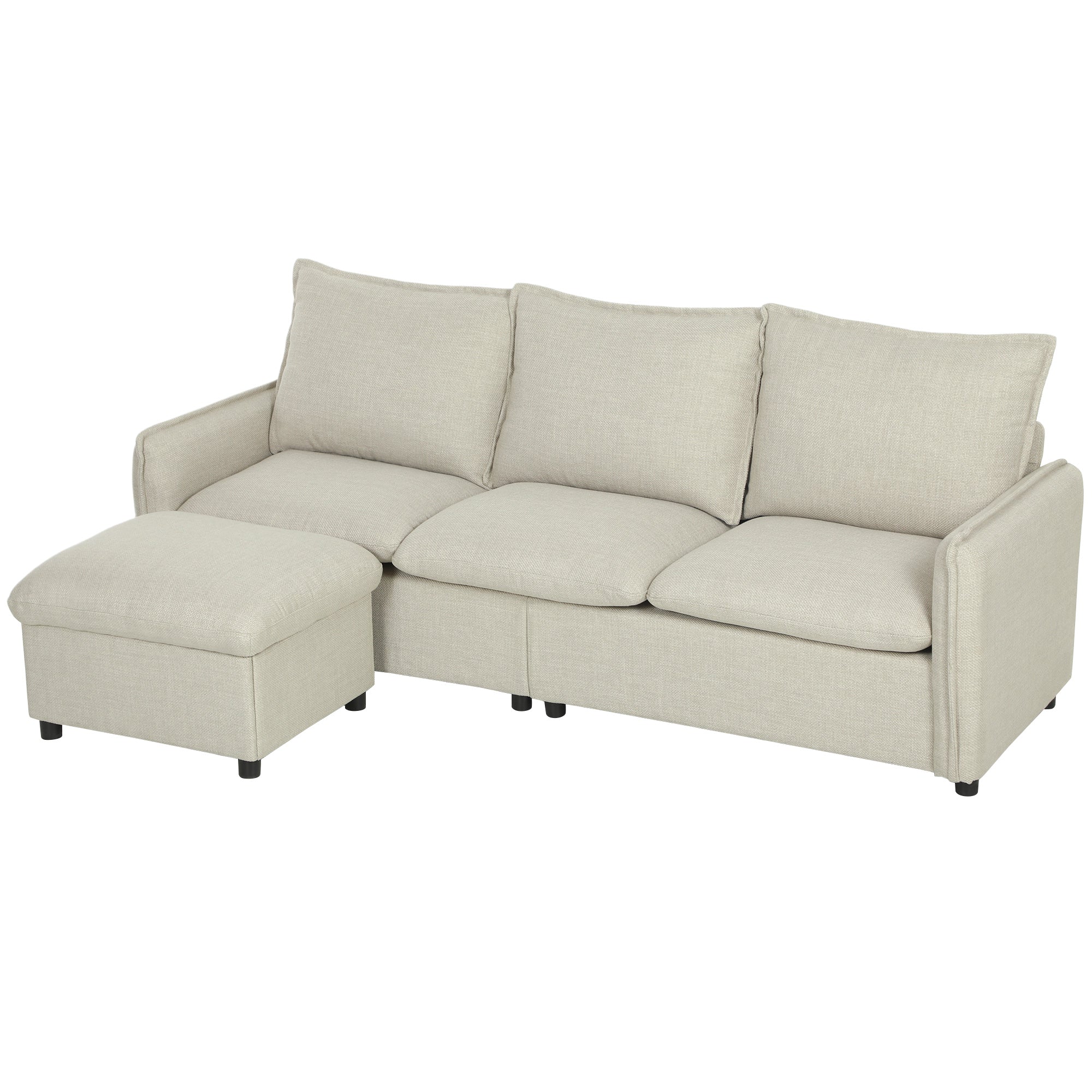 Canapé 3 places avec pouf de rangement, canapé d'angle modulable 212 cm, design moderne, assise rembourrée, coussins à ressorts, tissu en lin, pour salon, chambre, bureau, crème