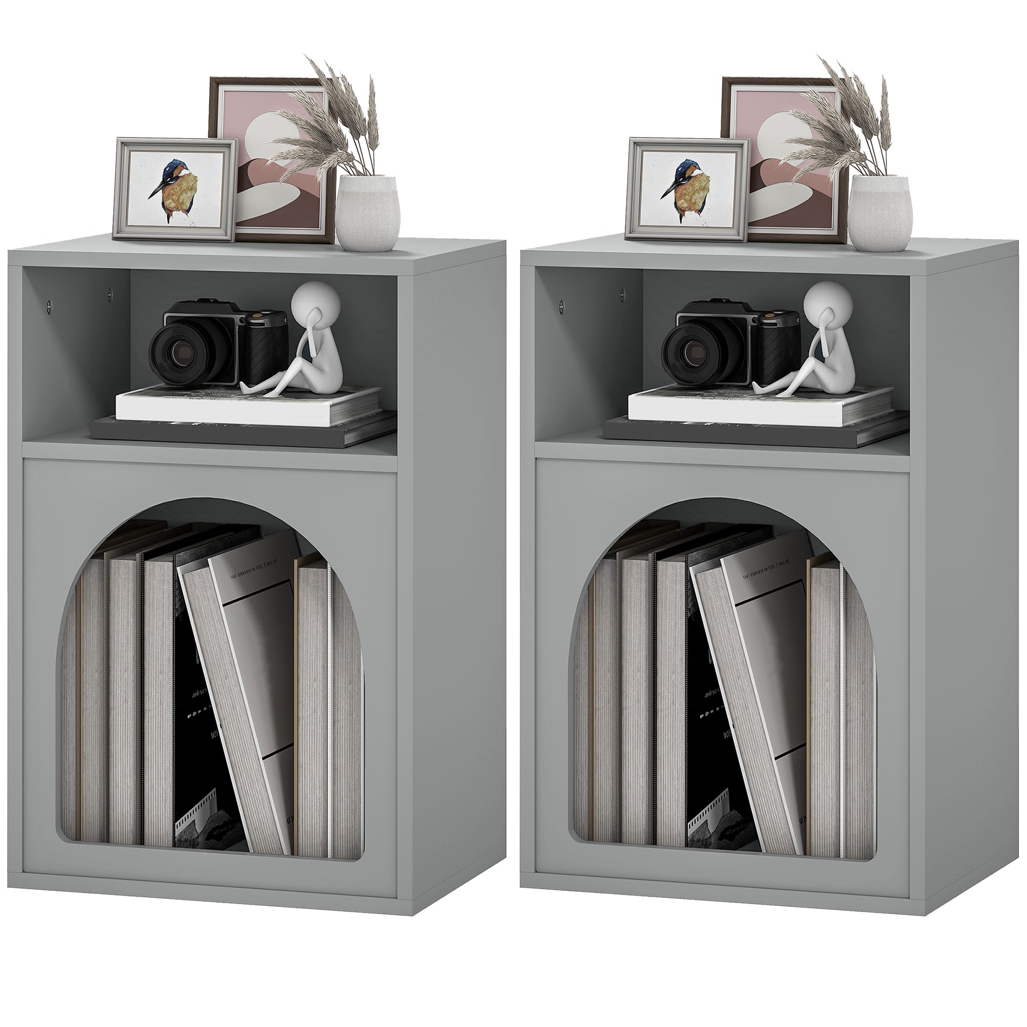 Lot de 2 tables de chevet, table de nuit avec compartiments ouverts, design arqué, chevet de lit pour chambre à coucher, salon, 40 x 30 x 60 cm, gris