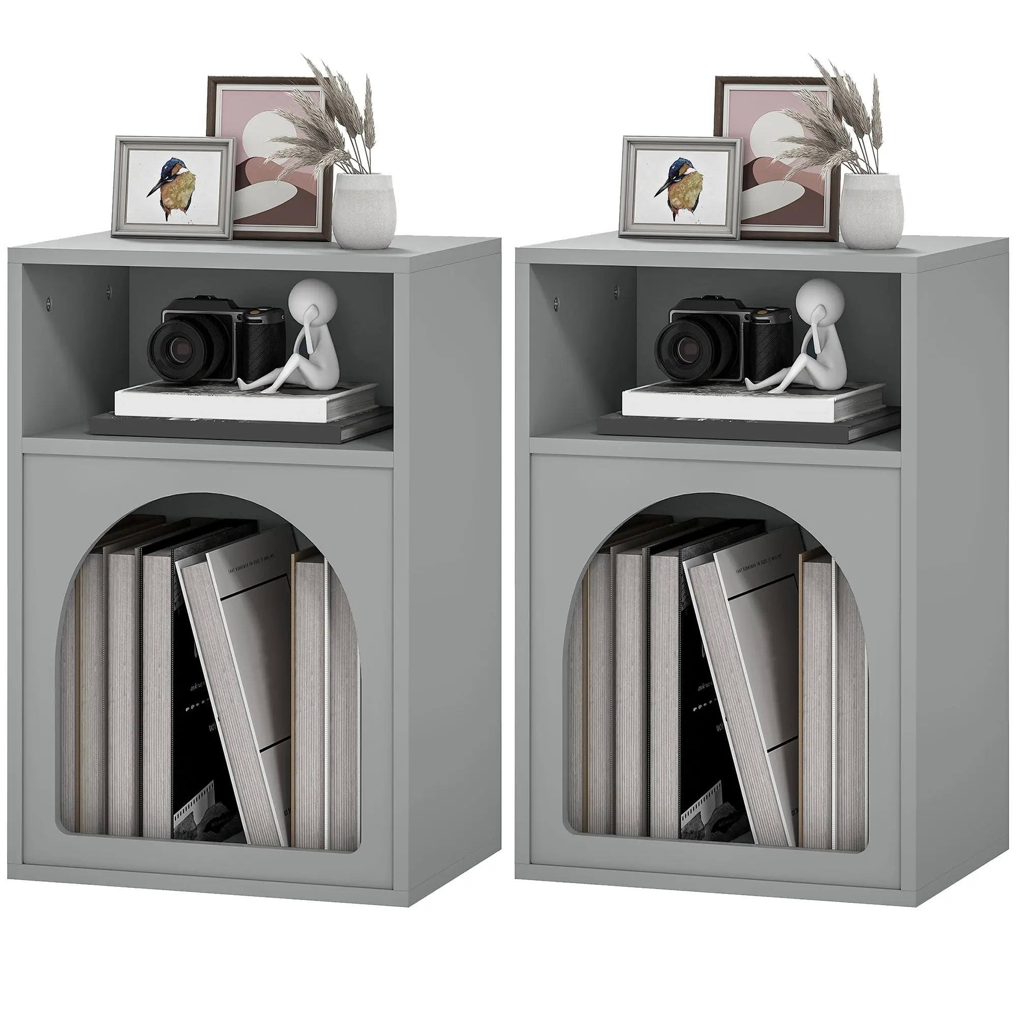 Lot de 2 tables de chevet, table de nuit avec compartiments ouverts, design arqué, chevet de lit pour chambre à coucher, salon, 40 x 30 x 60 cm, gris