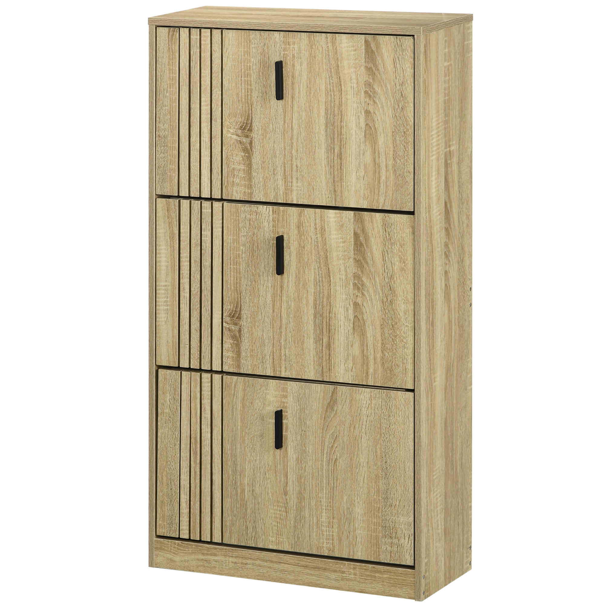 Meuble à chaussures à 3 abattants, 18 paires, armoire à chaussures 3 compartiments, grande capacité pour entrée, couloir, salon, 63 x 24 x 117 cm, chêne